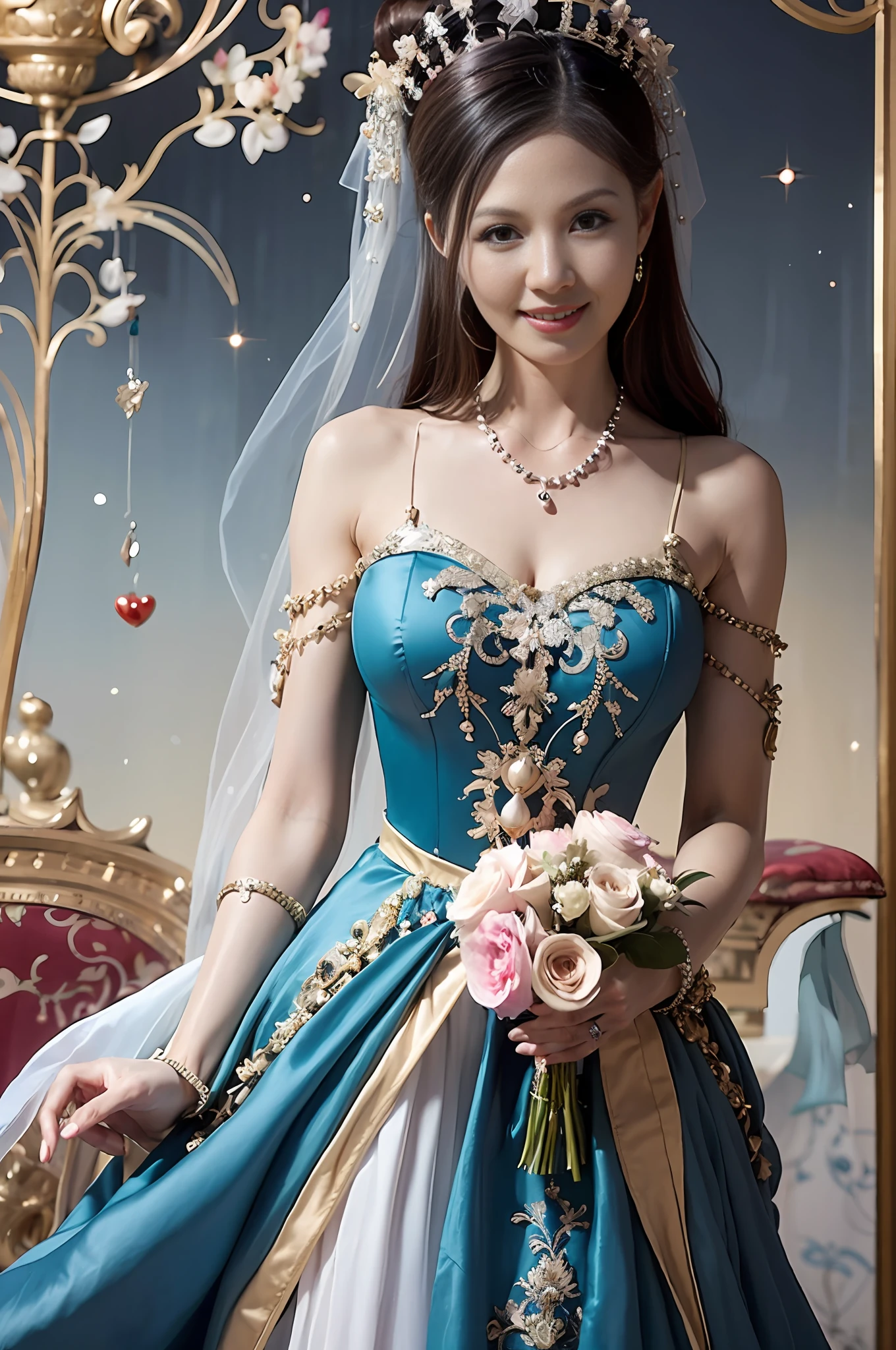 there is a woman in a blue dress with a bouquet in her hand, fantasy art style, ((a beautiful fantasy empress)), beautiful fantasy art, beautiful digital artwork, beautiful fantasy maiden, digital fantasy art ), ethereal fairytale, beautiful fantasy art portrait, ethereal fantasy, fantasy dress, a beautiful fantasy empress, very beautiful fantasy art, magical dress, beautiful fantasy portrait