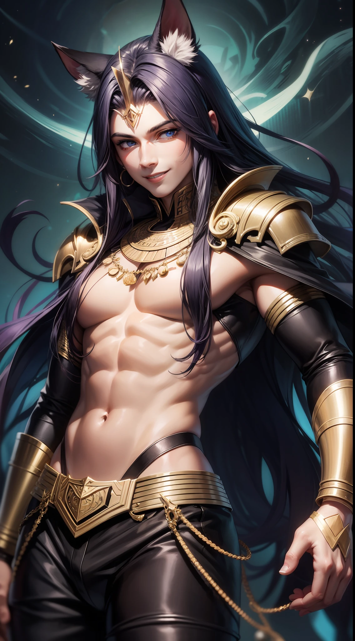 Young ebony boy, long purple hair, jackal ears, blue eyes, pharaoh's clothes, smile, open torso, masterpiece, high quality