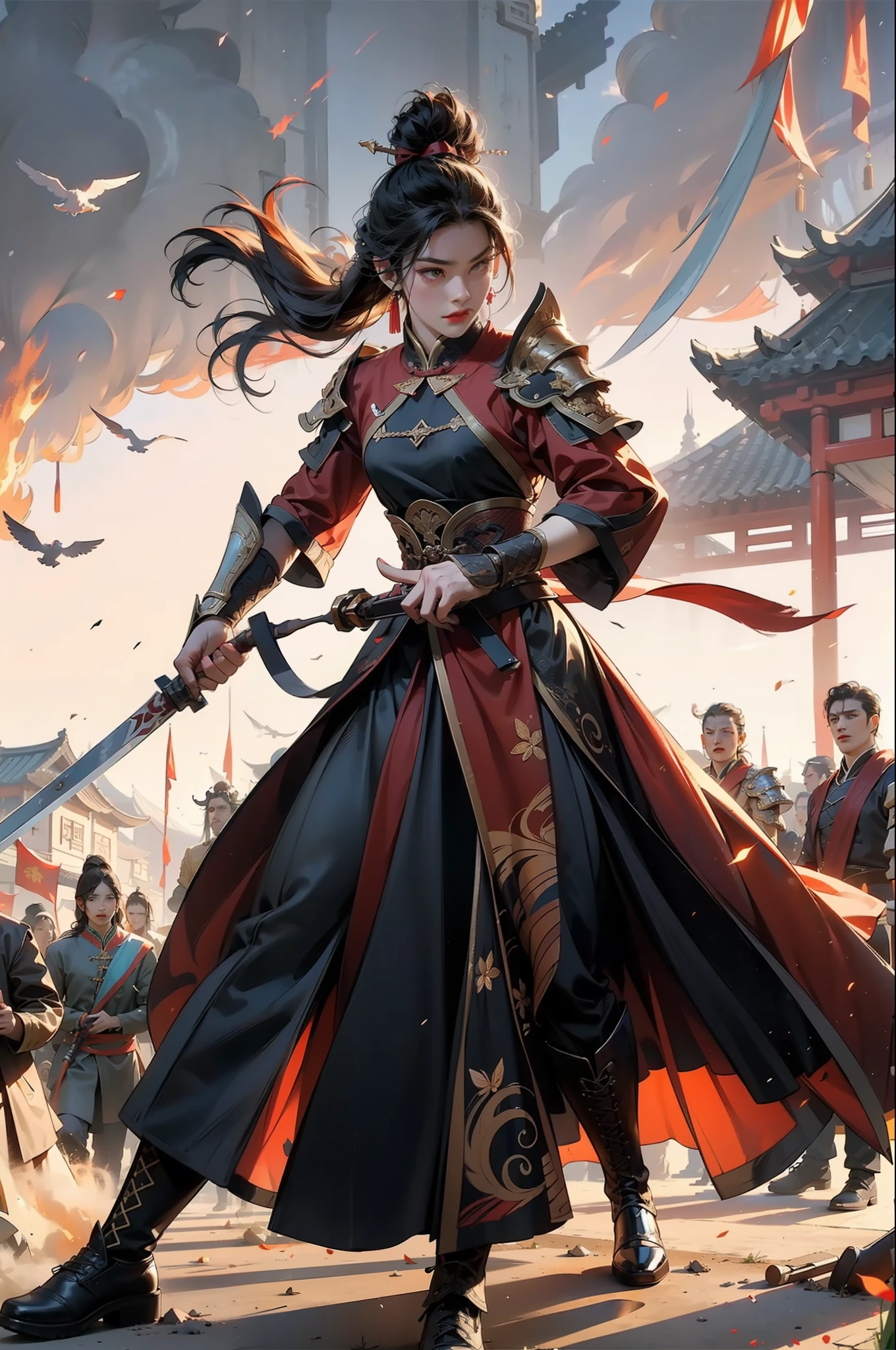Masterpiece, super detailed, epic composition, super HD, high quality, highest quality, 8k, Chinese style, ancient battlefield, chivalrous woman, martial arts, an ancient Chinese female general, holding a sword in her hand, grim expression, full body, amazing facial features, red robe, armor, boots, battlefield, yellow sand in the sky, fleeing crowd, firelight, game model, stunning lighting, C4D, OC rendering, movie edge light, delicate light,