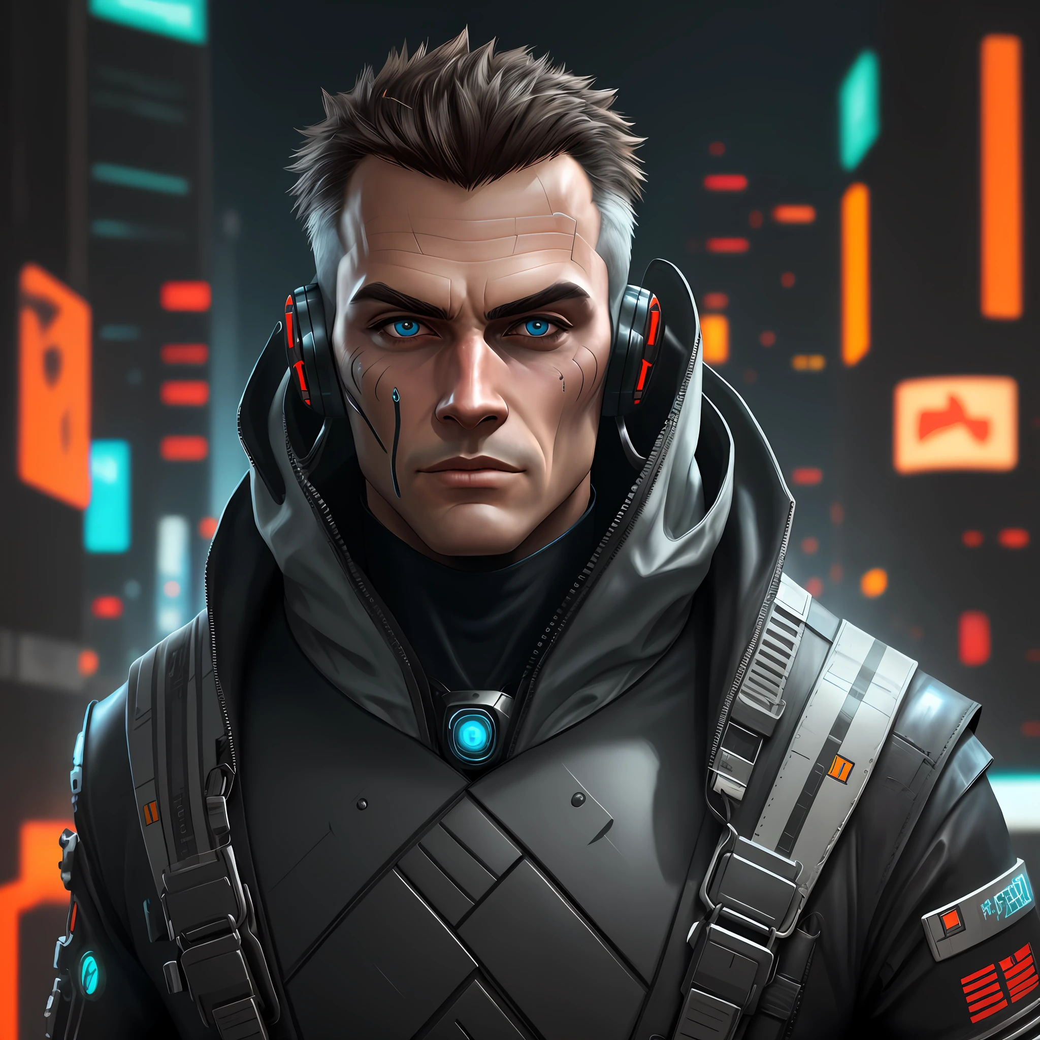 realistic detail full face of futuristic cyberpunk cyber man