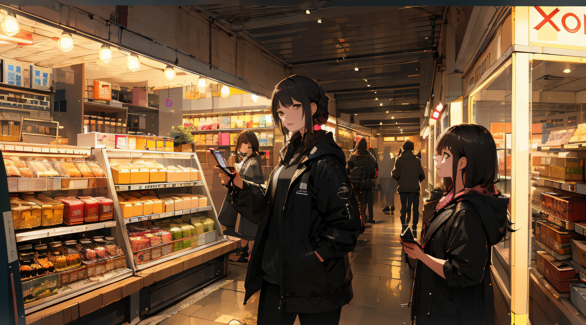 There are two women standing in store looking at cell phones, Guviz style artwork, Yang J, Guvitz in pixiv art station, Guvitz in ArtStation pixiv, by Yuumei, Guviz, digital cyberpunk anime art, trending in ArtStation pixiv, realistic anime 3D style, high resolution, super detailed, realistic textures, bold textures, crazy textures, pink and black jirai fashion