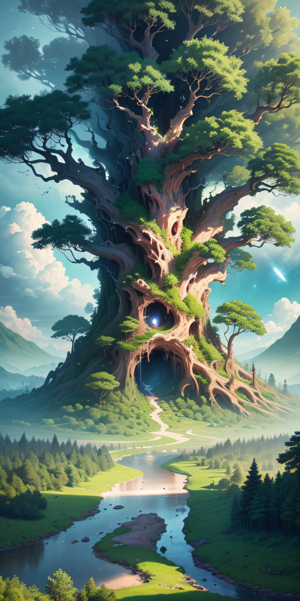 Illustration of a surreal, otherworldly, hyper sky scene including a giant crystal tree full body, highly detailed and magical lighting, intricate forest details, vegetation and surrounding river, solar punk, landscape, giant tree , beautiful green leaves, beautiful lighting and realistic proportions, as if this is a movie background, 8k, highest quality, masterpiece, clouds and stars in the sky.