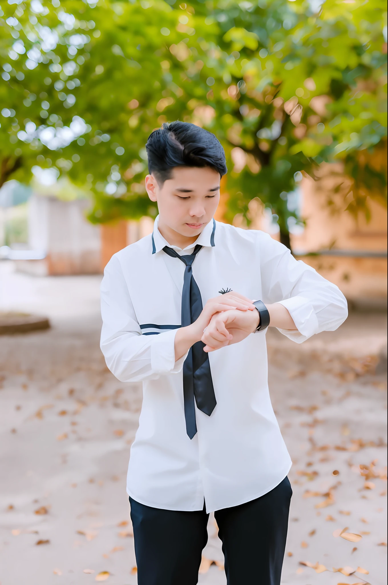 there is a man in a white shirt and tie looking at his watch, wearing a watch, wearing a white shirt, wearing a white button up shirt, wearing a shirt with a tie, wearing white shirt, wears a watch, holding a pocket watch, wearing a linen shirt, holding gold watch, white sleeves, wearing a light shirt, doing an elegant pose