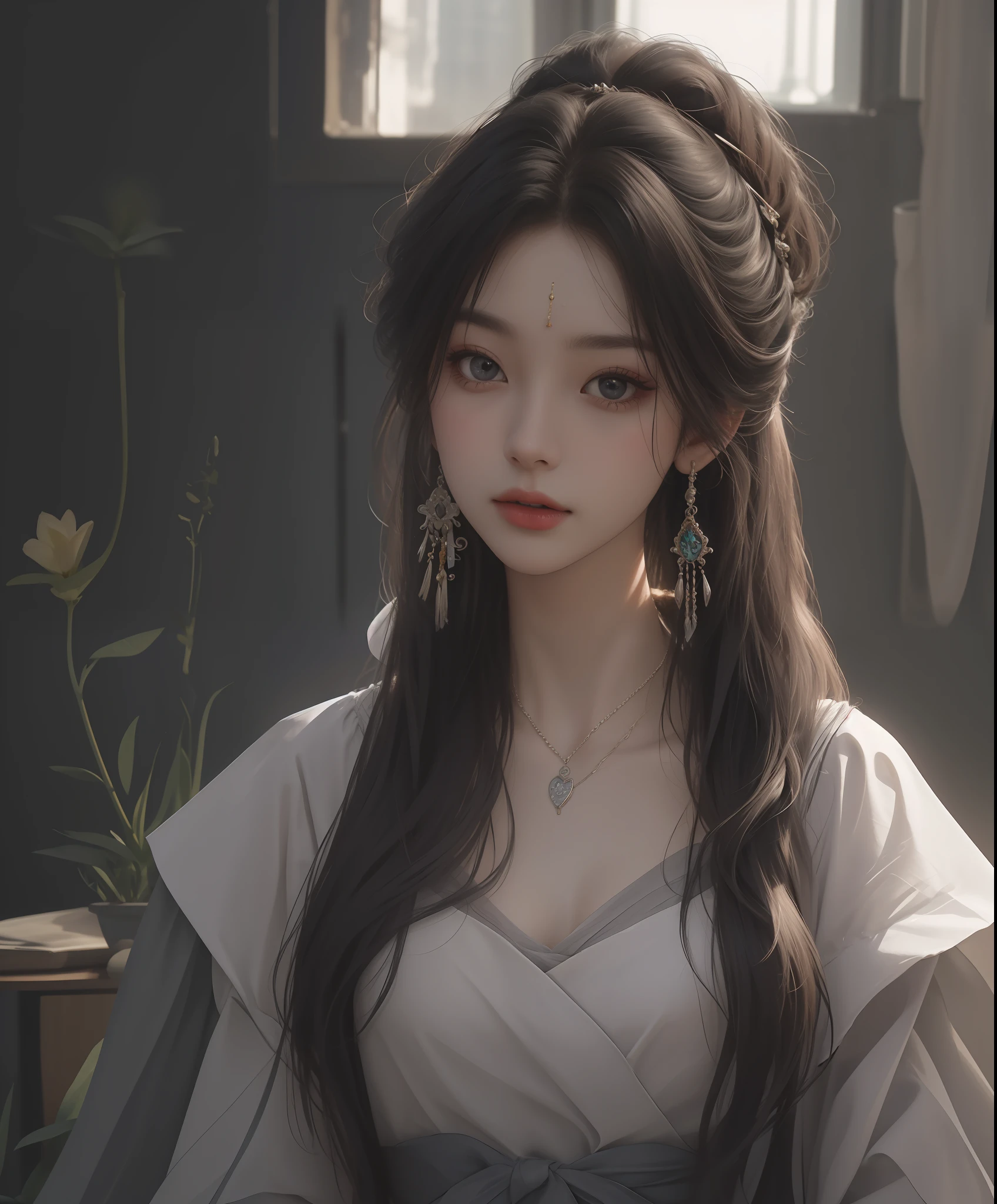 Best quality, masterpiece, high resolution, 1girl, porcelain dress, hair accessories, necklace, jewelry, beautiful face, on the body, Tyndall effect, realistic, dark studio, edge lighting, two-tone lighting, (high detail skin: 1.2), 8k UHD, dslr, soft light, high quality, volumetric light, candid, photo, high resolution, 4k, 8k, background blur,