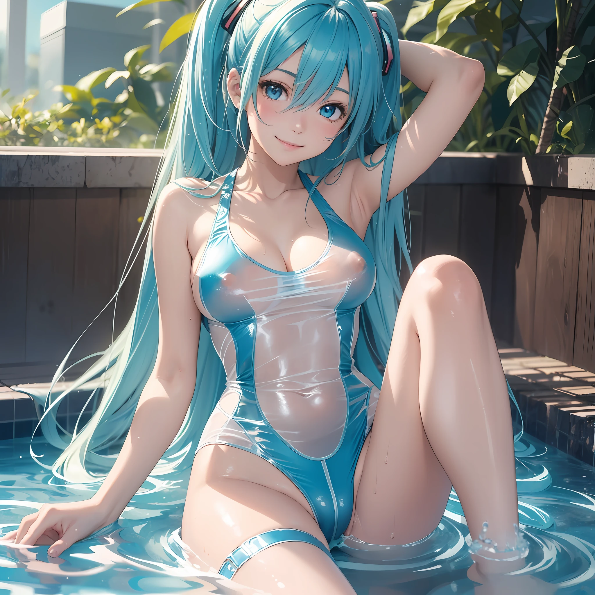 (1 Girl), (Solo: 2.0), Photorealistic, Ultra Fine Illustration, Beautiful Charming Anime Girl, Super Detail, Smile, Beautiful Blue Eyes, Beautiful Proportions, Hatsune Miku, Slender, Gentle Expression, Seductive Anime Girl, Full Body, Long Exposure, Outdoor Pool, (Fully See-Through Fabric Swimsuit: 3.0), Nipples See-through, NSFW,