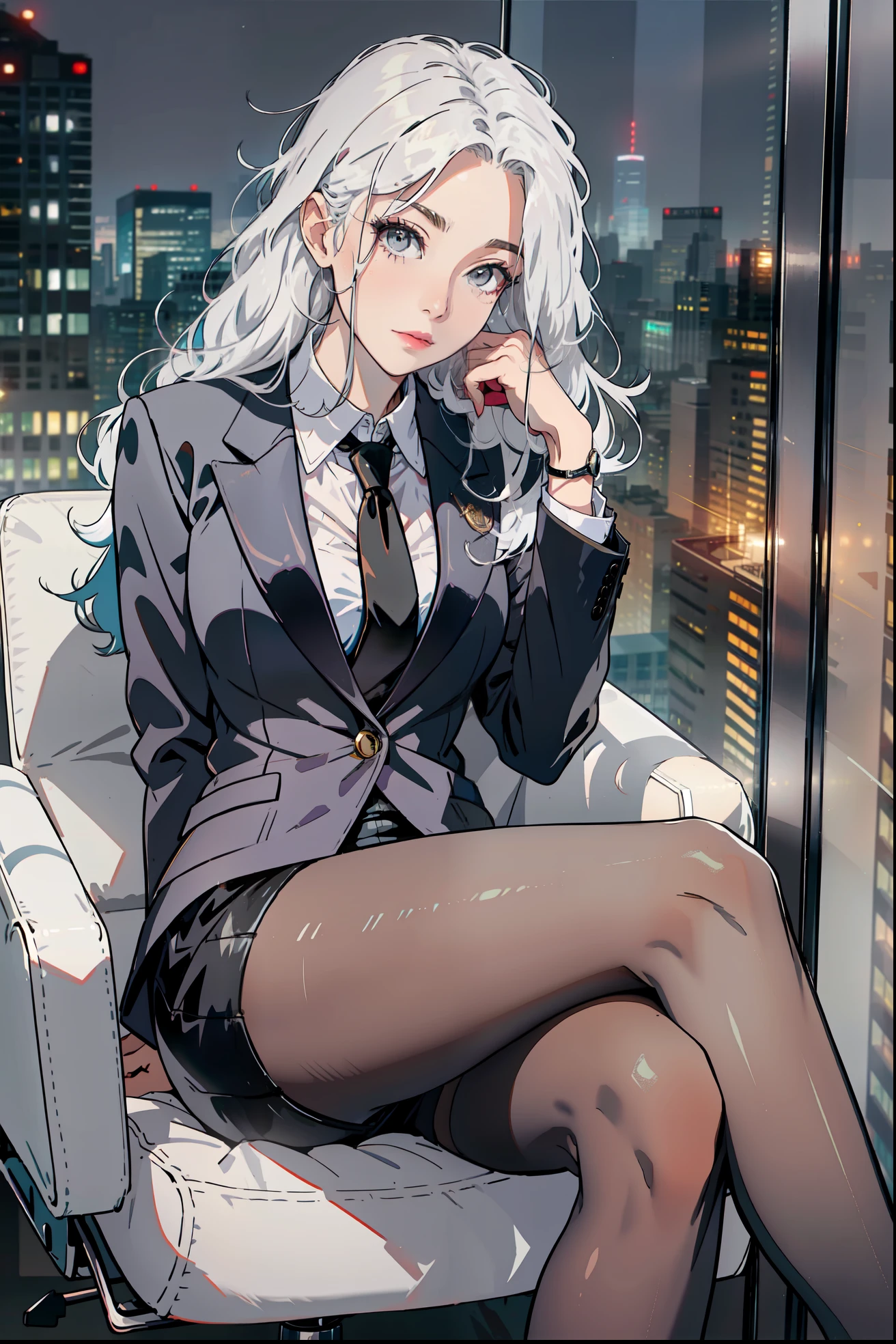 Woman wearing business outfit, formal blazer, white blouse, black high waist business skirt, black sheer pantyhose, beautiful, masterpiece, best quality, extremely detailed face, perfect lighting, nice hands, perfect hands, (white hair:1.2), long hair, (grey eyes:1.2), slender build, long legs, thin, medium breasts, business woman, ceo, sitting in luxurious black leather office chair, giant modern window with view of nighttime city skyline in background