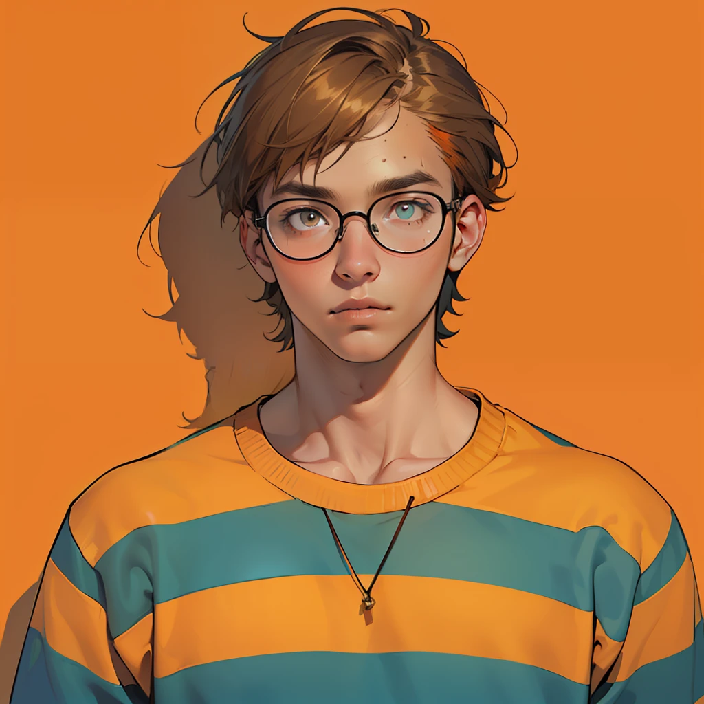 ((masterpiece)), ((best quality)), ((simple art)), ((antique effect)), ((profile style)), 18 year old boy, ((orange skin)), ((eyes brown)), ((perfect)), ((glasses)), eyebrow, nose, ear, mouth, ((short messy hair)), neck, shoulders, arms, ((patterned sweatshirt)), ((color of random background))
