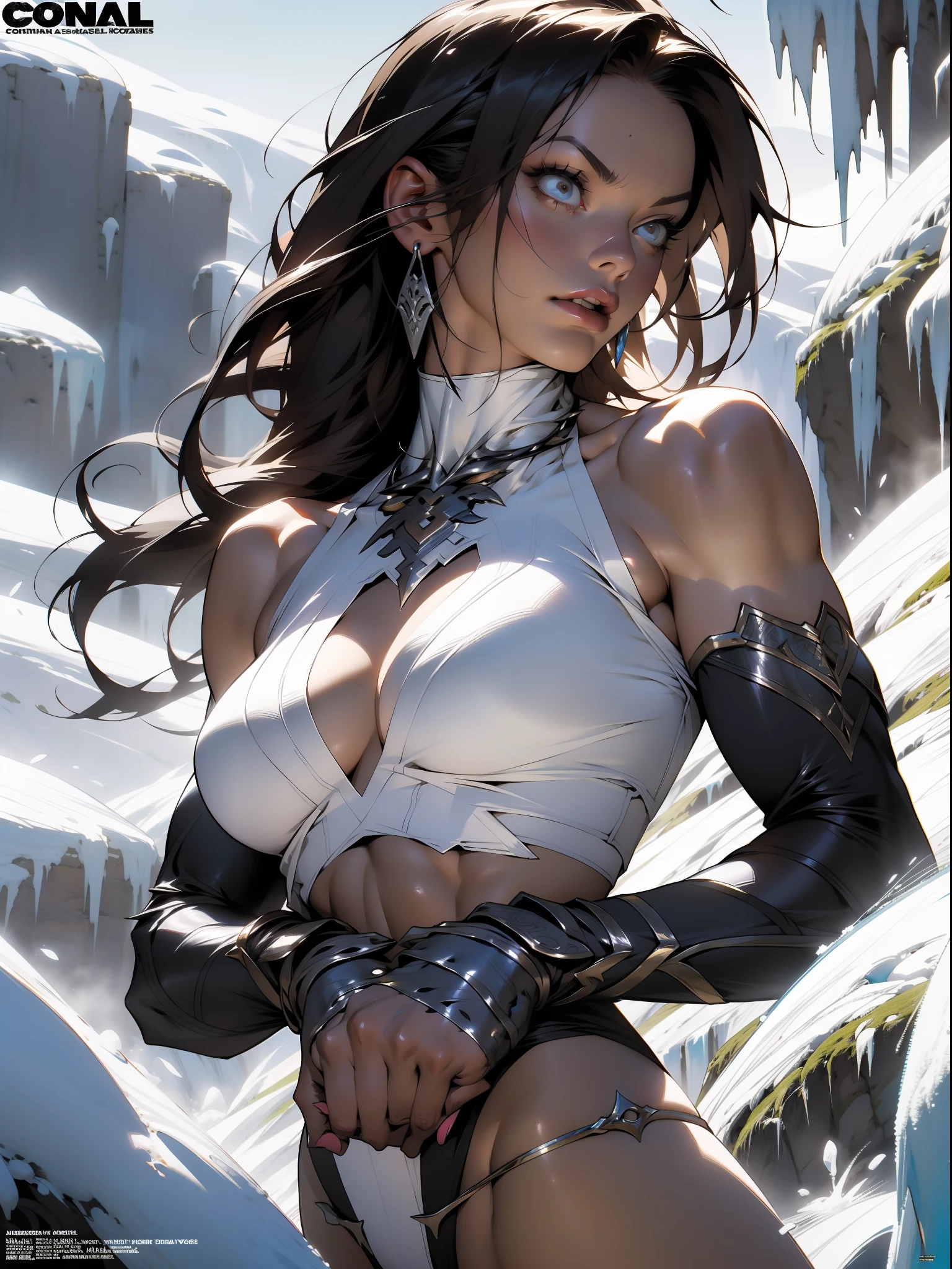 ((( best quality ))), ((( masterpiece ))), ((( absurdres ))), muscular woman beautiful warrior Barbara wielding a large sword, Conan the Barbarian style, Simon Bisley style for a cover of Heavy Metal magazine, tiny thong made of animal skin, large breasts semi covered by animal skin, generous neckline, necklace of bones and teeth, earring of bones, scenery of icy mountains, ((( whole body )))