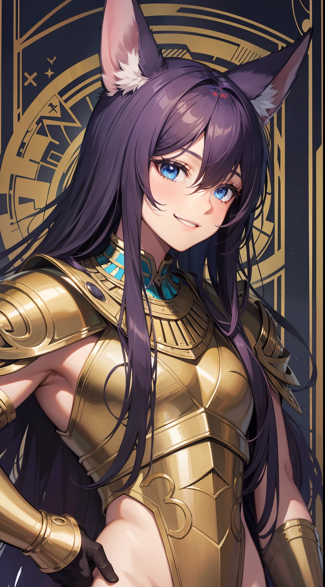 Young ebony boy, long purple hair, jackal ears, blue eyes, pharaoh's clothes, smile, open torso, masterpiece, high quality