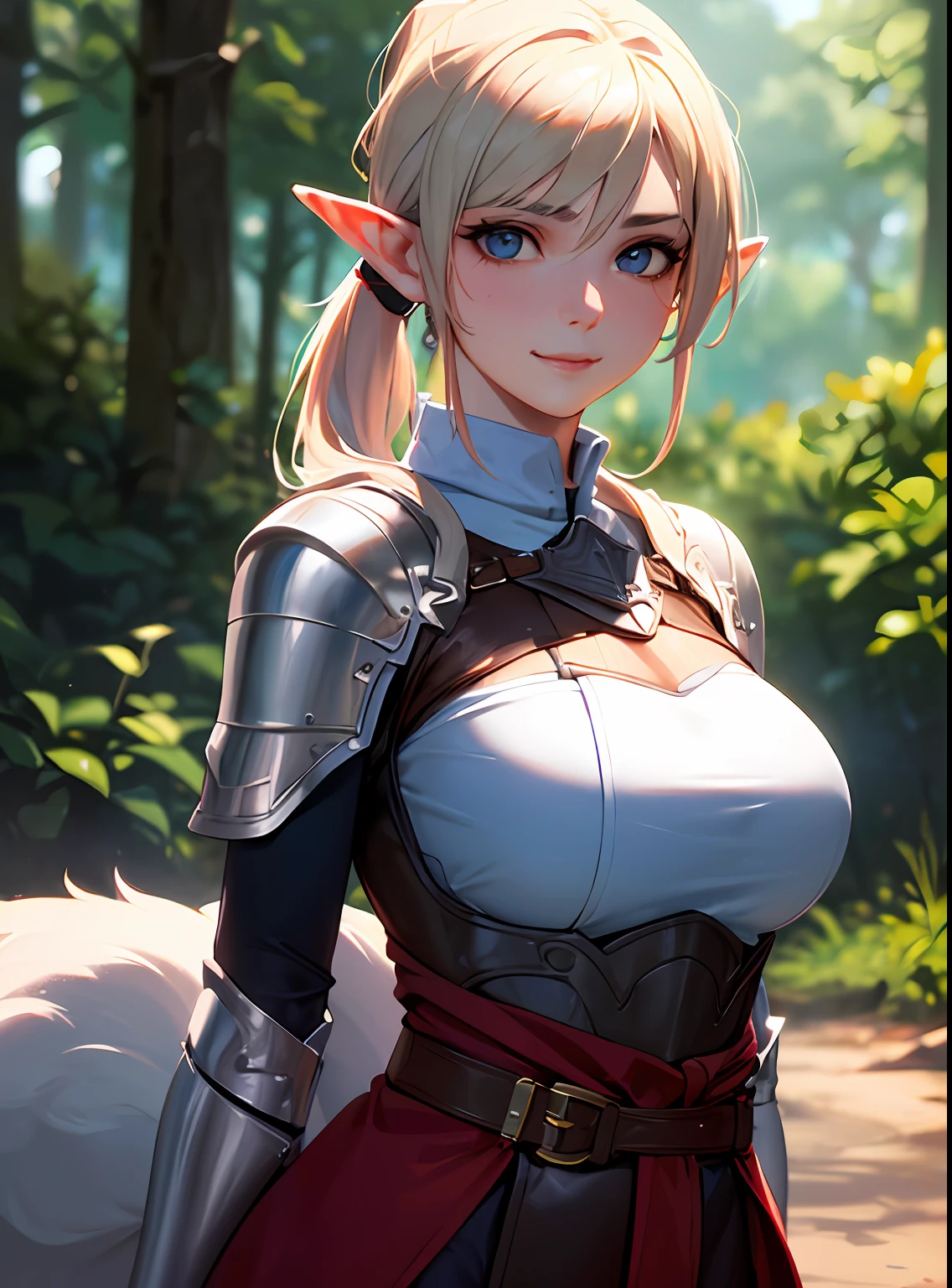 SFW (masterpiece, best quality,4k) a youthful adult woman with very long platinum blonde hair (ponytail), aqua blue eyes, elf ears, (sexy face), exploring a forest, coastline, sea, medieval clothes, (red robes), (white furs), (black leather armor, breastplate), (belts, pouches, harness), rogue, scout, mage, ranger, ((big breasts)), ((slim)), small smile, head-to-waist portrait, cinematics, color oil painting, cinematic lighting, extremely detailed face, finely detailed face, beautiful face, beautiful eyes, perfect lighting, depth of field, (realistic proportions), (good anatomy), (solo), (1girl)