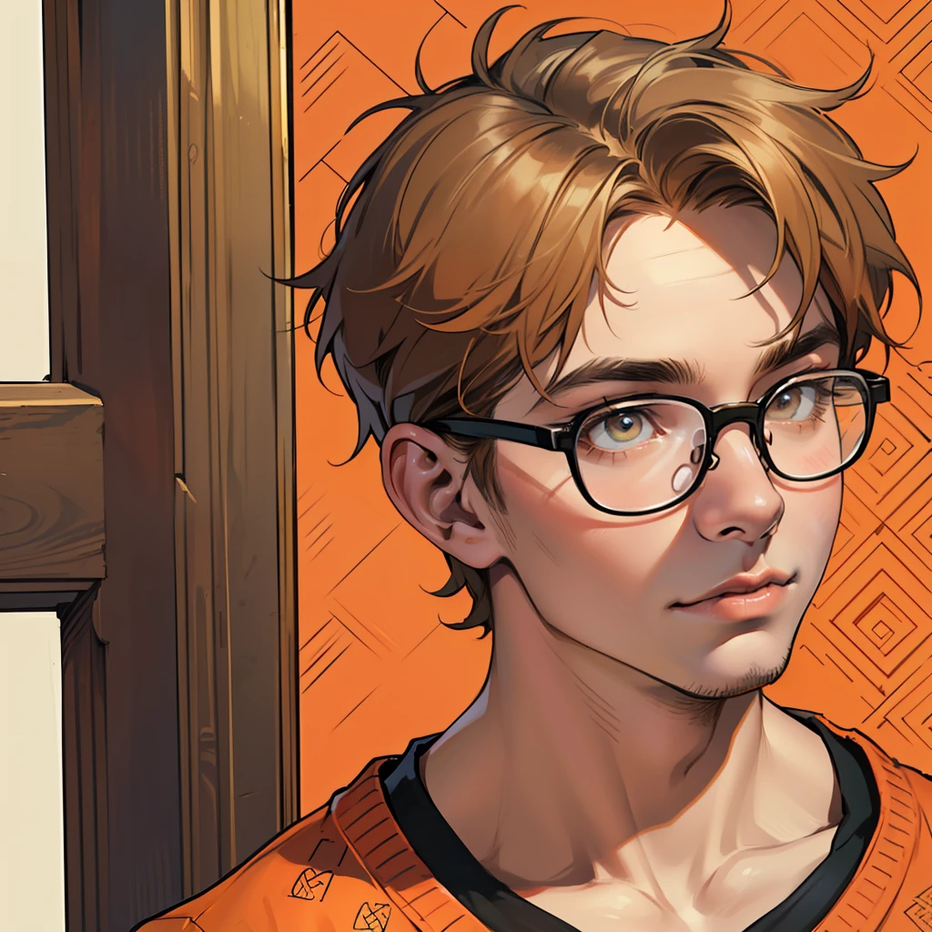 ((masterpiece)), ((best quality)), ((simple art)), ((antique effect)), ((profile style)), 18 year old boy, ((orange skin)), ((eyes brown)), ((perfect)), ((glasses)), eyebrow, nose, ear, mouth, ((short messy hair)), neck, shoulders, arms, ((patterned sweatshirt)), ((color of random background))