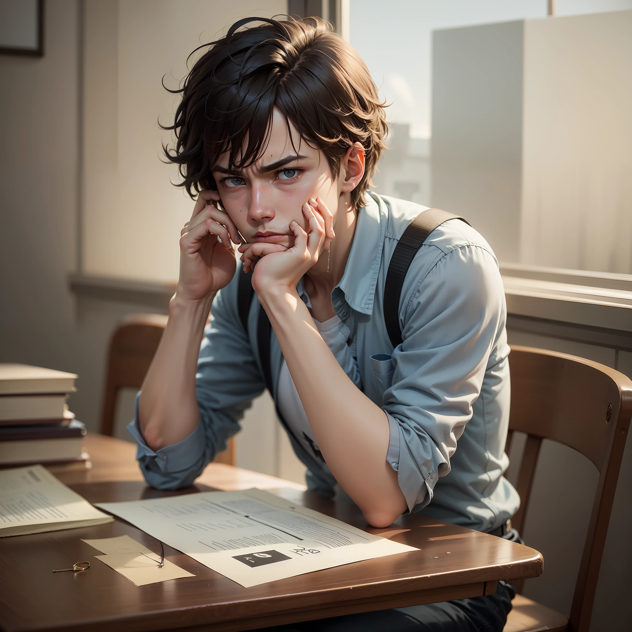 The male protagonist who smashed the exam was sad and depressed on the table.