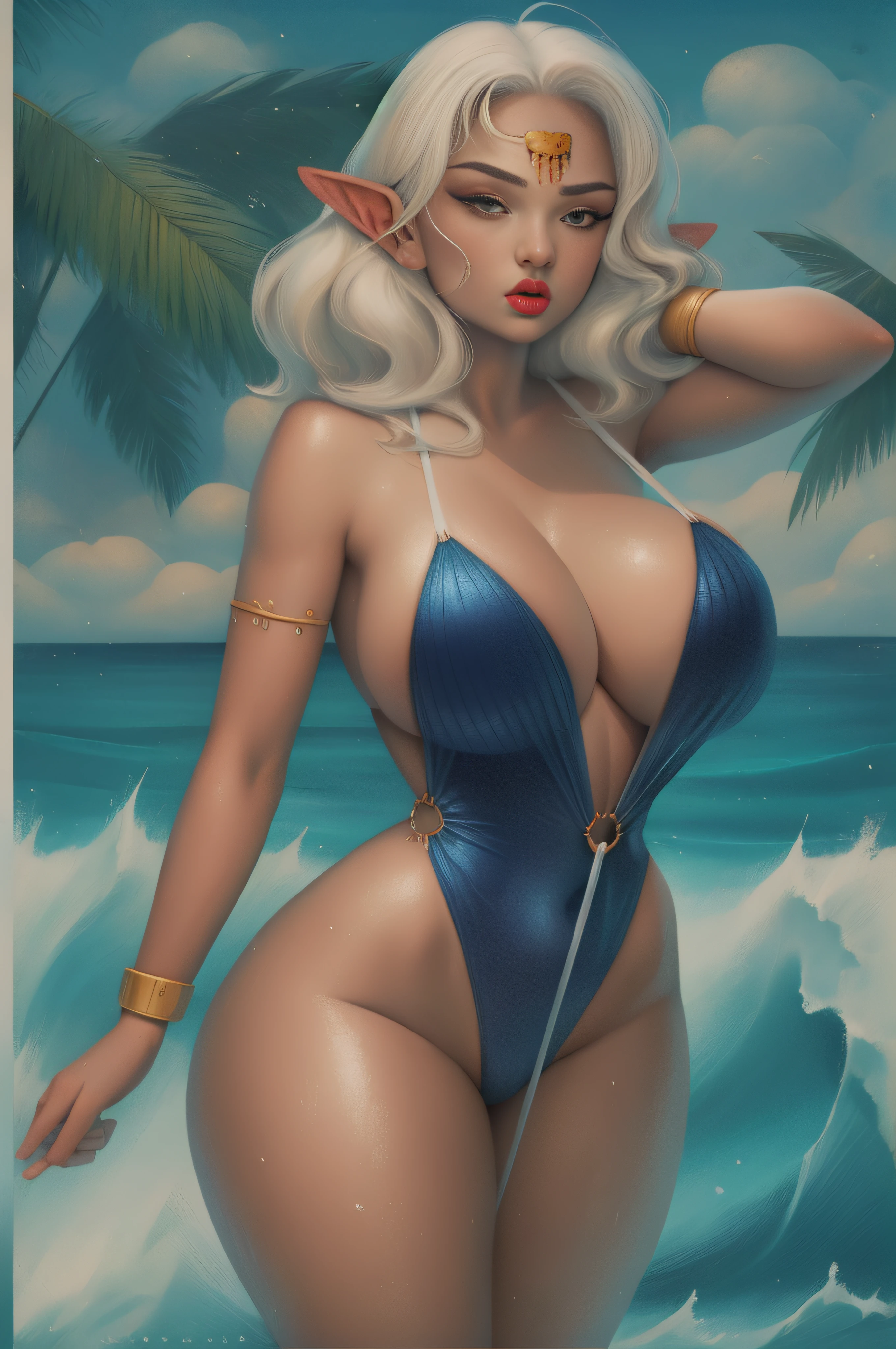 masterpiece, best quality, extreme detail, 8k, image sharpness, Ultra detail hair, (dark skinned female, (dark skin))ultra detail face, perfect eyes, perfect face,1girl , pointy ears, white hair, long hair, lipstick, makeup, black eyeshadow, jewellery, bracelet, yellow eyes, gigantic breasts, wide hips, thick thighs, ( slingshot swimsuit), cameltoe, white one-piece swimsuit, white beach, sand, sea, waves, hands on chest, palm trees
