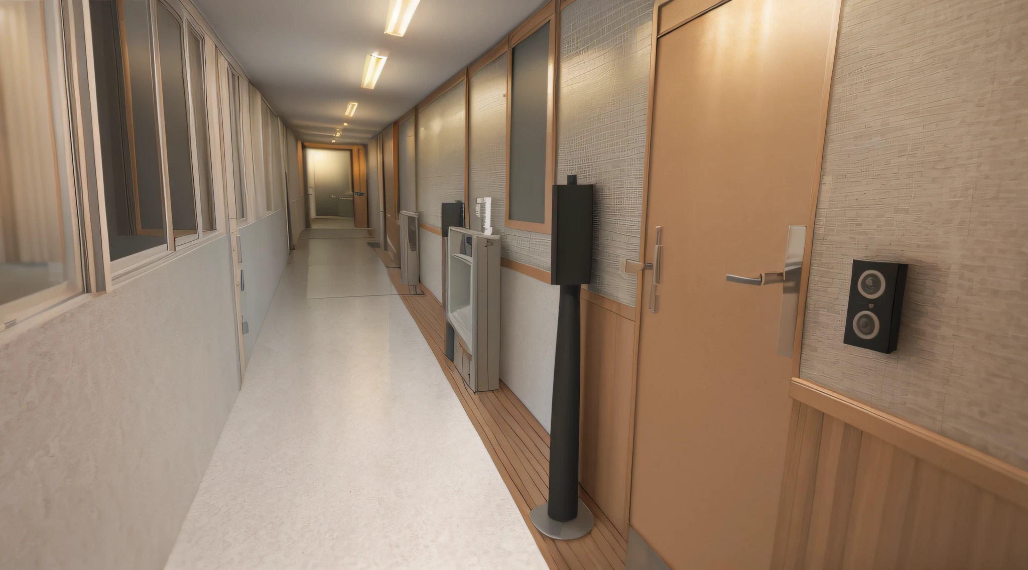 background, no people, front door, hallway apartment, realistic cinema 4 D rendering, rendering with V-Ray, highly detailed rendering, very realistic 3d rendering, realistic rendering, old hallway apartment, asia, korea, iron gate, iron gate, night, soft light, hallway light, electric light
