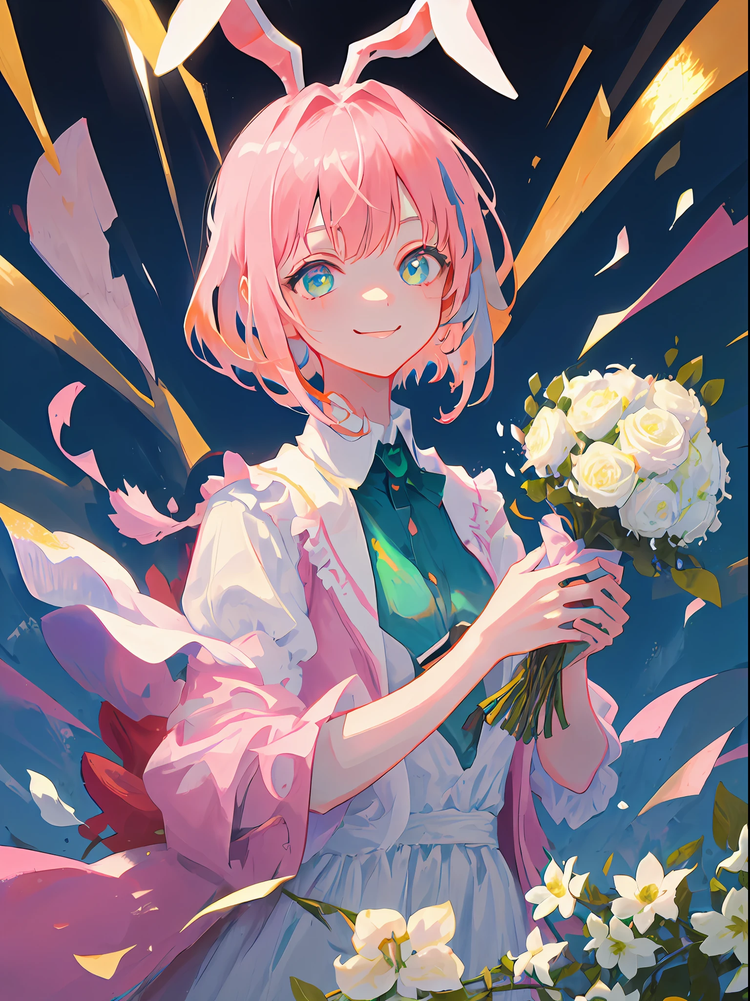 Girl, bunny girl, pink hair(blue inner collar), short hair, emerald eyes, seductive smile, rabbit ears, happiness, holding a bouquet of white flowers in both hands, upper body
