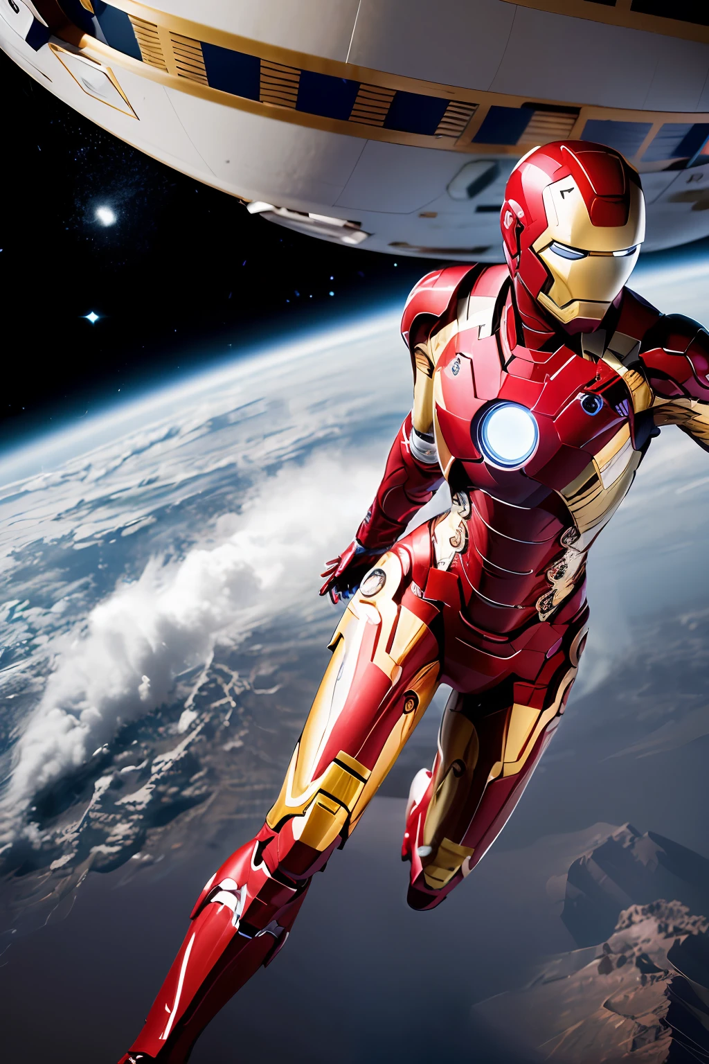 RAW, Masterpiece, Super Fine Photo, Best Quality, Ultra High Resolution, Photorealistic Photorealism, Sunlight, Full Body Portrait, Amazing Beauty, Dynamic Pose, Delicate Face, Vibrant Eyes, (From the side), She Wears Futuristic Iron Man Mech, (Face Exposed: 1.4), Red and Gold Color Scheme, Very Detailed Space Background, Detailed Face, Detailed Complex Space Background, Messy, Gorgeous, Milky White, Highly Detailed Skin, Realistic Skin Details, Visible Pores, Sharp Focus, Volumetric Fog, 8K UHD, DSLR camera, high quality, film grain, fair skin, photorealism, lomography, starship in space, seen from below, translucent