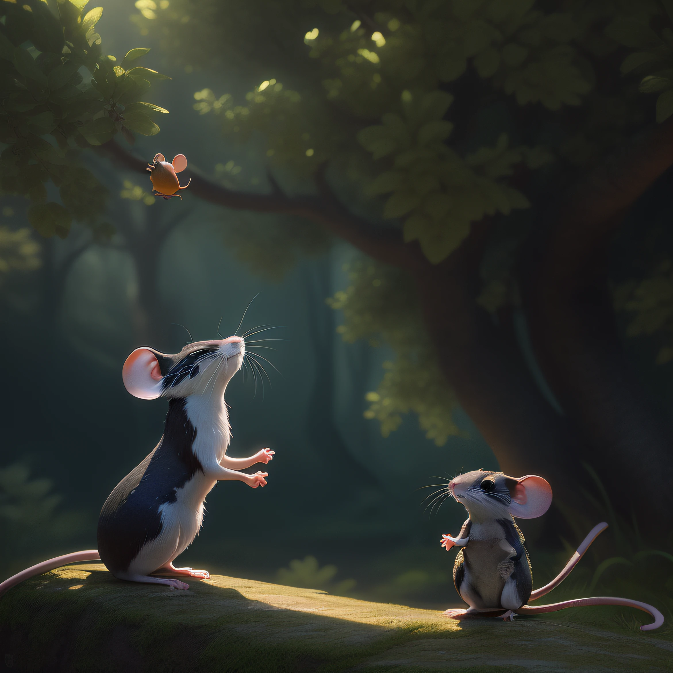 There are two mice that are standing on a rock, animated movie scene, ultra realistic 3D illustration, animated movie still, photorealistic movie still, beautiful 3D render, 3D animated movie, photorealistic Disney, render Pixar renderman, animated movie, artistic render, rendered art, still from a 2015 pixar movie, fantasy matte painting, cute in the background a snake watching the hidden sena