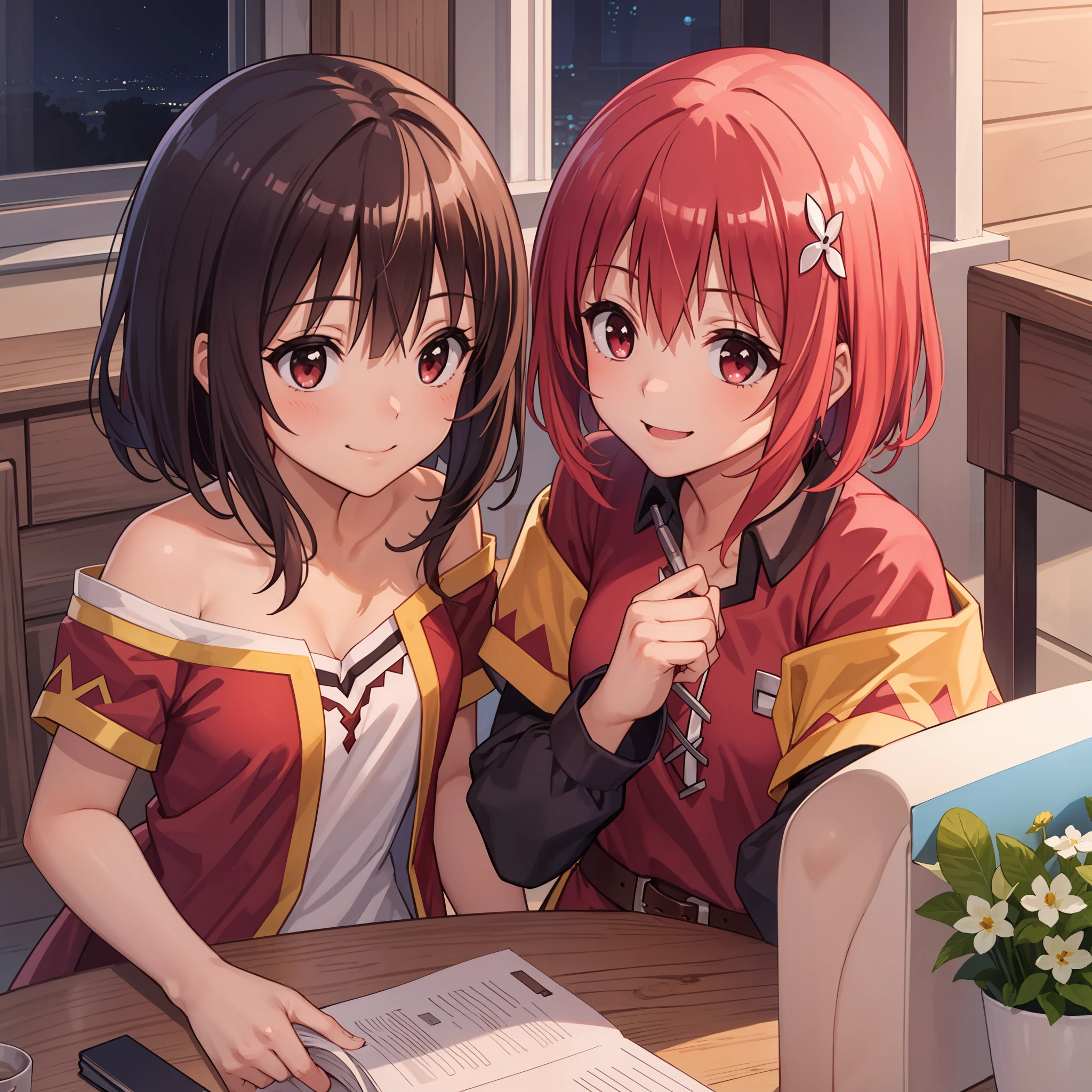 masterpiece, best quality, 1girl, megumin_konosuba, hair ornament, bob cut, short hair, red hair, smile, red eyes, night
