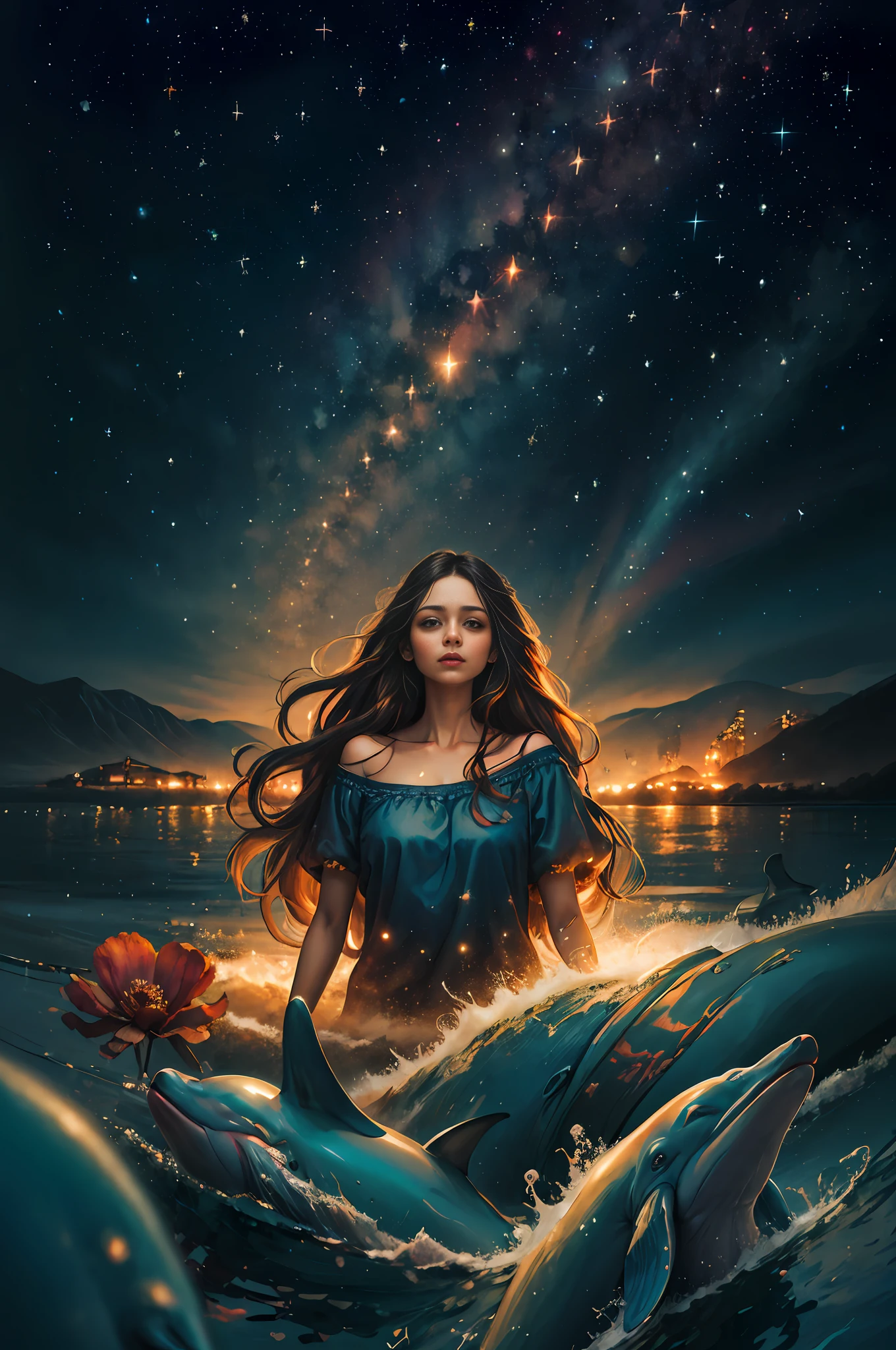 Semi-portrait, best quality, masterpiece, ultra high resolution, (photo photorealistic:1.4), surrealism, fantastic,
1 girl, ridiculous long hair, starry sky, night, stars, flower, waves, dolphin, mysterious atmosphere, fair skin, long black hair, black eyes