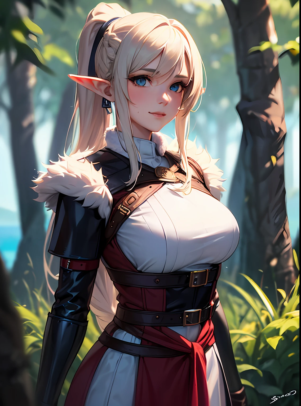 SFW (masterpiece, best quality,4k) a youthful adult woman with very long platinum blonde hair (ponytail, braid), aqua blue eyes, elf ears, (sexy face), exploring a forest, coastline, sea, medieval clothes, (red robes), (white furs), (black leather armor, breastplate), (belts, pouches, harness), rogue, scout, mage, ranger, ((big breasts)), ((slim)), small smile, head-to-waist portrait, cinematics, color oil painting, cinematic lighting, extremely detailed face, finely detailed face, beautiful face, beautiful eyes, perfect lighting, depth of field, (realistic proportions), (good anatomy), (solo), (1girl)