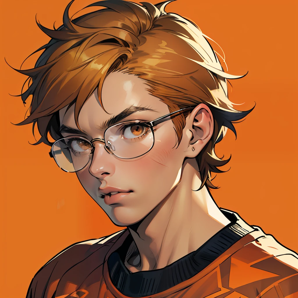 ((masterpiece)), ((best quality)), ((simple artwork)), ((antique effect)), ((anime profile style)), 18 year old boy, ((orange skin tone)), ( (brown eyes)), ((perfect)), ((glasses)), eyebrow, nose, ear, mouth, ((short messy hair)), neck, shoulders, arms, ((patterned sweatshirt)), (( random background color))