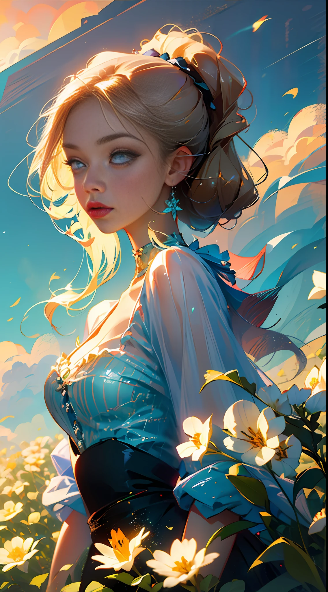 (best quality, masterpiece), 1girl, pose, particle, wind, flower, upper body, sky background, looking at the viewer, focus on the face, blonde, superior beauty, beautiful woman, celestial beauty, sunny weather, colorful flowers, spectacular scenery. --auto