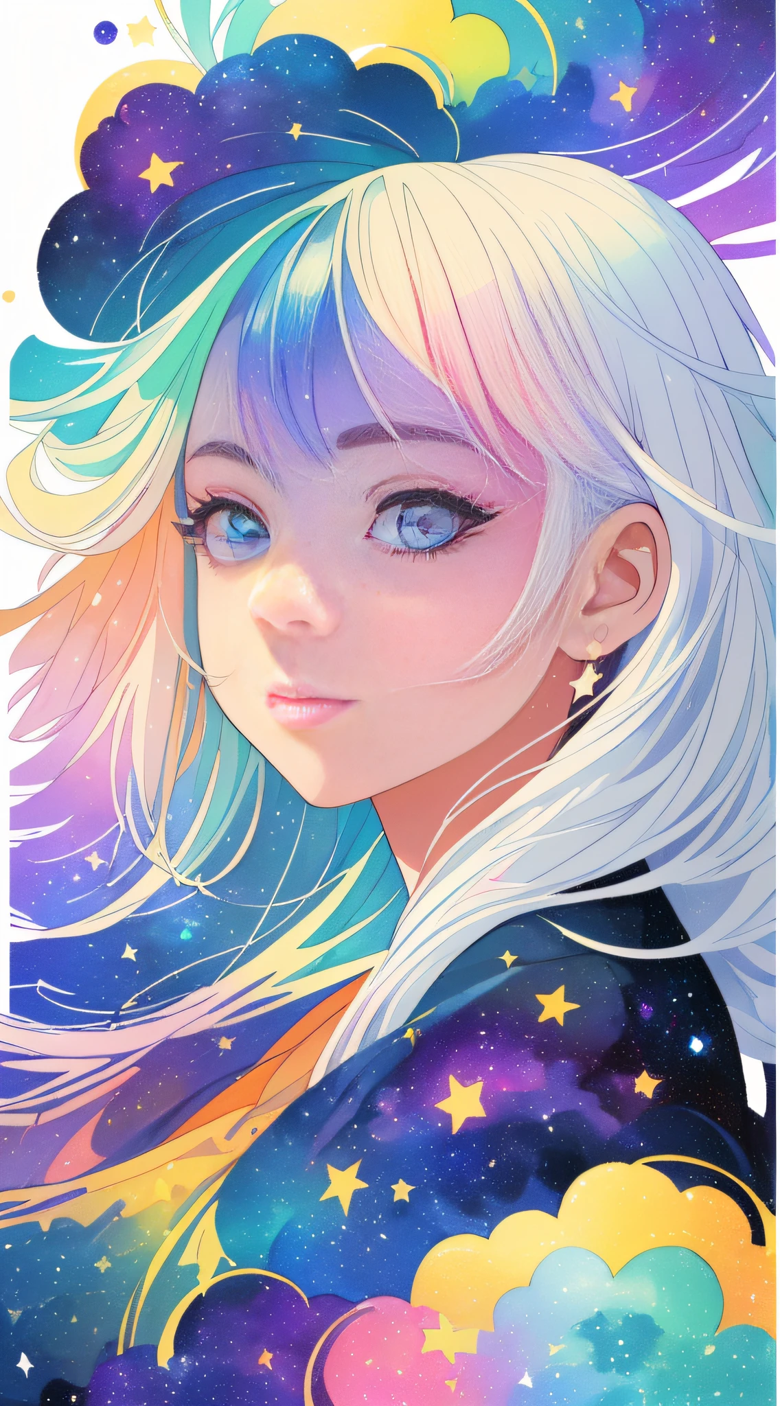 ((masterpiece)), (((best quality))), ((ultra-detailed)), ((illustration)),[realism light effect],shadow,(Fantasy style),(white background:1.6), simple background, (earth theme),(a cloak)[(hair focus,((1girl)),[(big slime hair): (cloud hair):0.3], (hair on background),(high saturation),(hair surrounded by galaxy splashes),)):((her hair is becoming galaxy clouds,:1.27628), (hair and clothes is galaxy clouds and cluster of stars:1.1025),(a cloak is becoming galaxy clouds)(colorful_galaxy_print_clusters_of_stars_print:1.35),((detailed starry sky with colorful galaxy and galaxy clouds):1.2)):0.35], (((masterpiece))),(((best quality))),((ultra-detailed)),(illustration),(dynamic angle),((floating)),(paint),((disheveled hair)),((beautiful detailed face)),collar,bare shoulders, ((colorful hair)),((streaked hair)),beautiful detailed eyes,(Gradient color eyes),(((colorful eyes))),(((colorful background))),(((high saturation))),(((surrounded by colorful splashes))),(((surrounded by colorful dot))),colorful bubble,((shining)),
