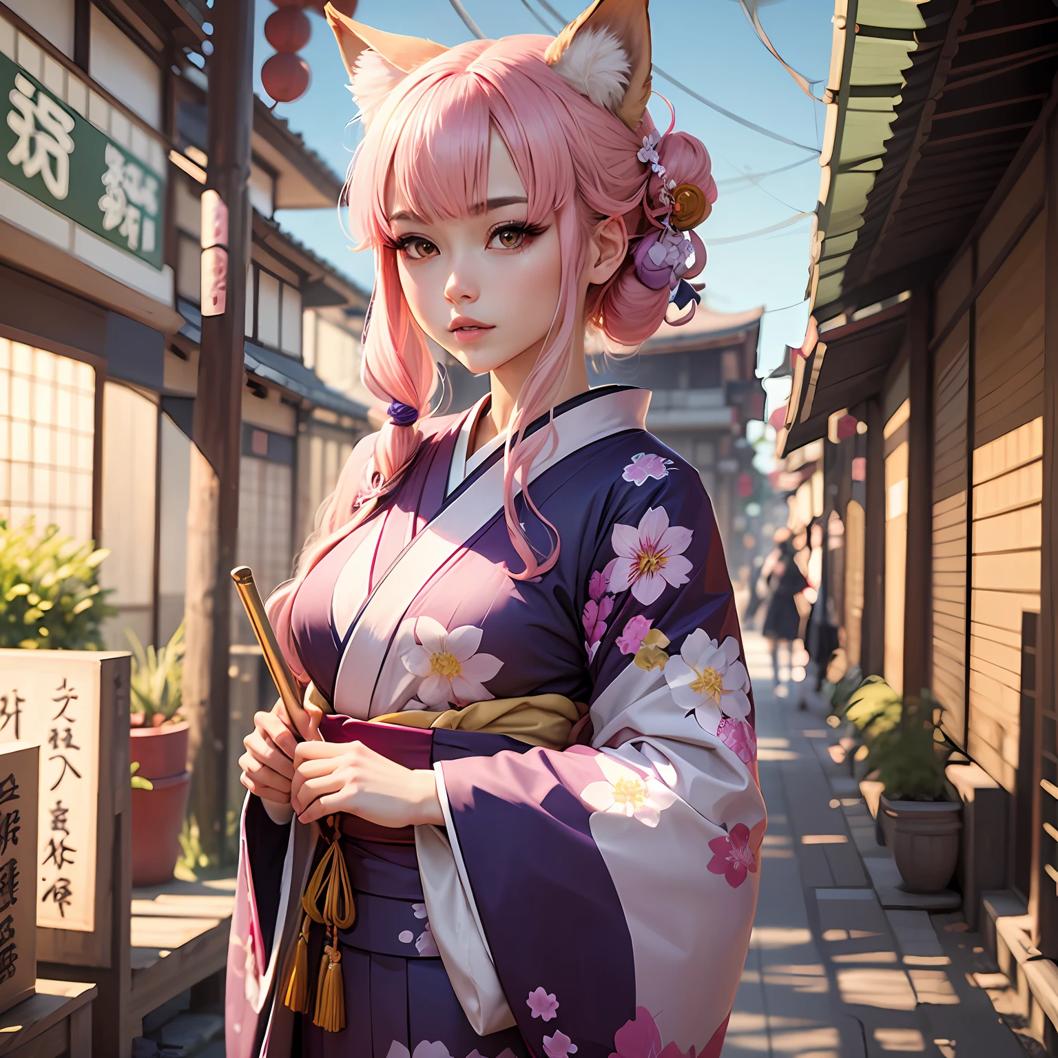 Her hair color is pink, she wears a kimono, the color of her kimono is pink, purple, white and floral, and her race is a nine-tailed fox, her gender is female, and she is holding a Japanese umbrella in her hand.