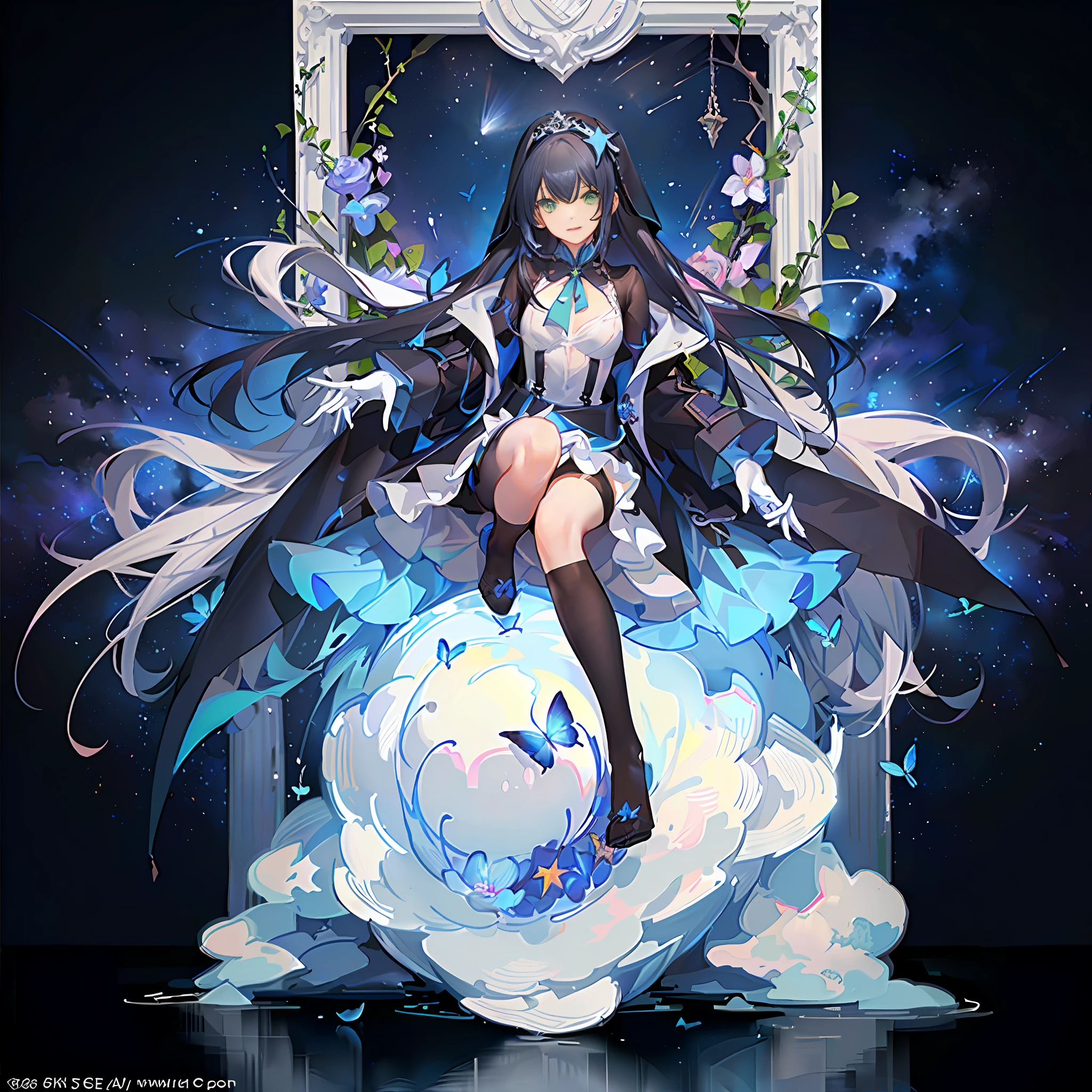 (extremely detailed CG Unity 8k wallpaper, best quality, masterpiece), ((4k, masterpiece, best quality)), a woman with a sisterly feel but a little mature, long dark blue hair, long hair up to the waist, loose hair, shawl, emerald green eyes, (single), full of stars, left hand slightly raised, left ring finger, dark blue oversized swing princess dress, wearing a dark blue trench coat, hidden stars under the skirt, dark blue butterflies flying around, garden theater background, star curtain, Wearing a dark blue veil with stars, suspender stockings, gradient blue star gloves on the right hand, (full body picture), smaller eyes, (fine face: 1.2), (flowing hair: 1.2), ((gorgeous starry sky background))