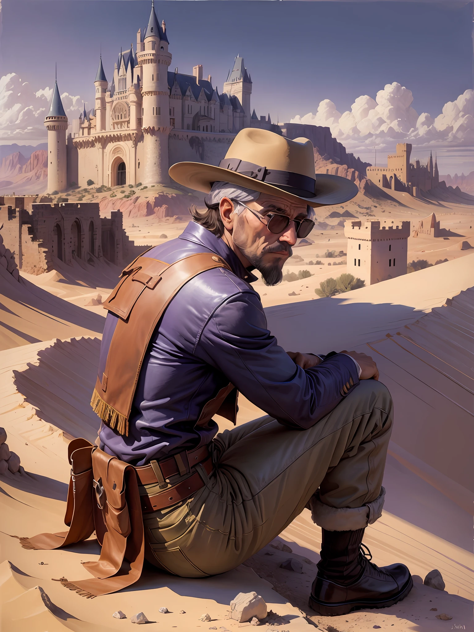 a painting of a man in a purple hat sitting on a ledge in a desert with a castle in the background by Moebius Jean Giraud