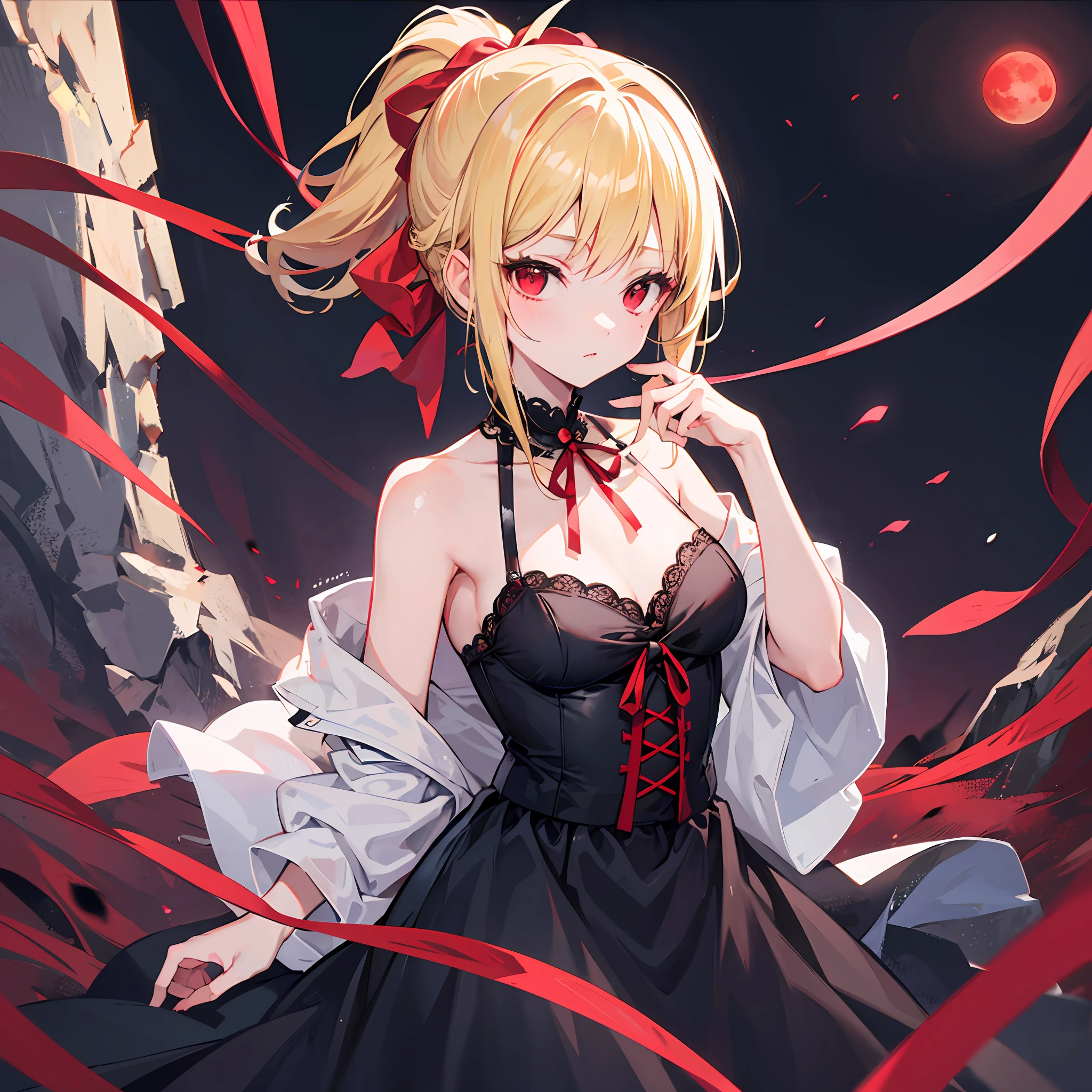 Blonde girl alone, ponytail, red ribbon, red eyes, black dress, off-the-shoulder, vampire, night, red moon