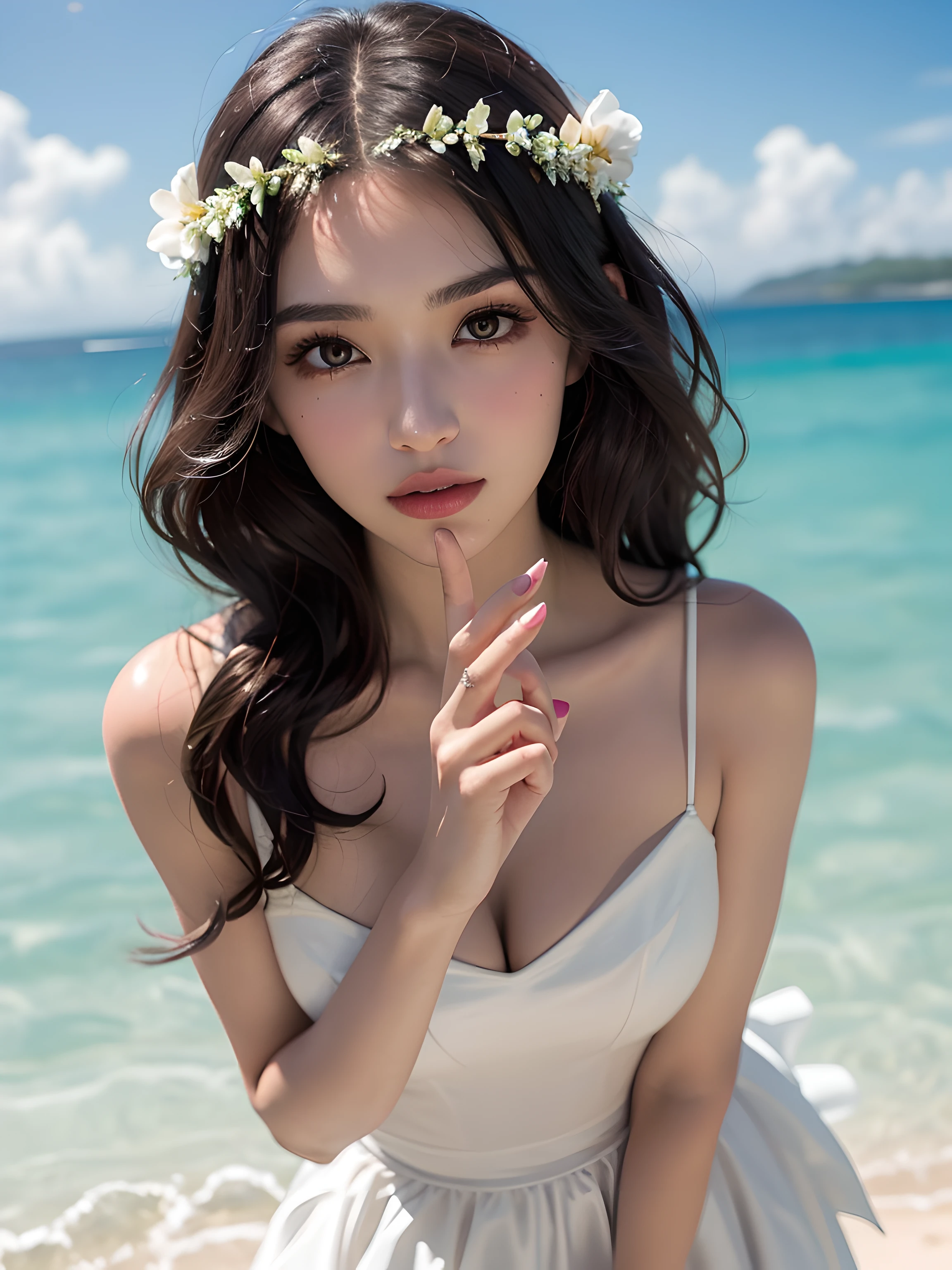 (masterpiece), (portrait), (aesthetic), (beautiful), (upper blody), (high quality), (aesthetic clothings), (professional angle), (rule of thirds), (Feminine), (woman), (female), (beautiful),(feminine features), (21 years), solo, 1 woman, (attractive Chilean), Summer, (Sunny Beach), (Afternoon), (Golden light), ((Beach Bride)), (Holding a Bouquet Hands), ((Looking Down Face)), ((Joyful)), (Soft Make-up), (Ample Bust), (Flower Crown, Anklet), ((Long Hair)), (Brown Hair), (Wavy Hair), (Loose Waves hair), (- in Hair), (Wide Open Eyes), (Brown Eyes), (Bohemian Look), Tan skin, (high quality Clothing), (Flowy Beach Dress), (wedding dress), (Flowing Skirt ), (Sweetheart Neck Neckline), ((Tropical Beach background)), (Wide Shot Shot), beautiful hands, two hands, normal hands, two arms, complete hands, beautiful body, beautiful fingers, normal fingers, five fingers, five fingers, beautiful ears, normal ears, beautiful eyes, shiny eyes, beautiful mouth, beautiful lips,