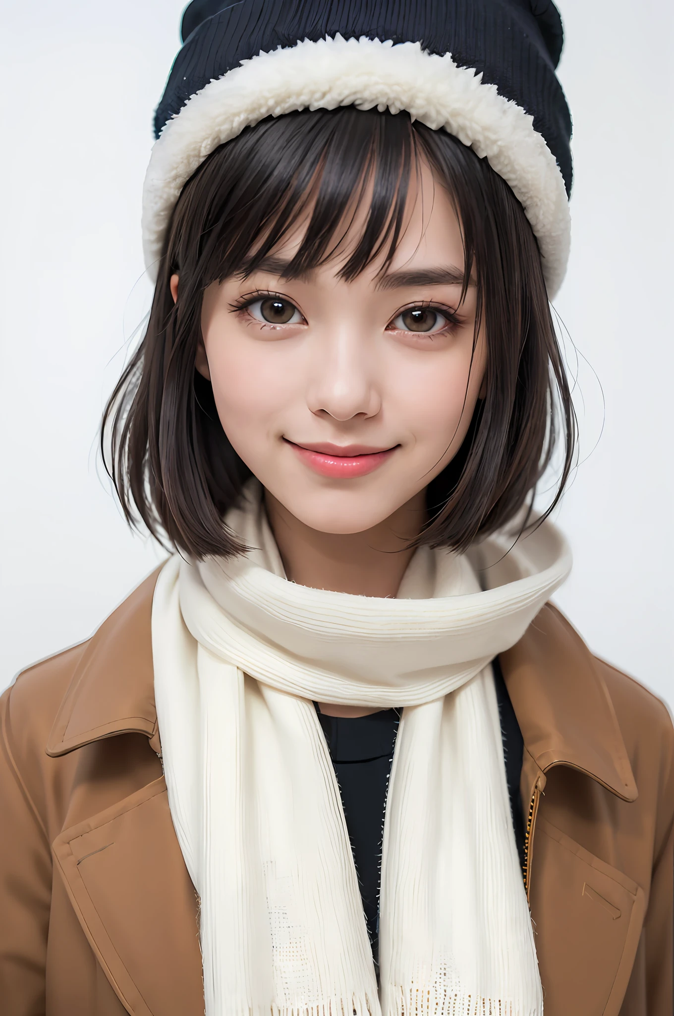 (masterpiece, best quality),1 girl, solo, black hair, scarf, hat, real, real, look at viewer, light colored black eyes, short hair, brown coat, winter clothes, white scarf, lips, bangs, outdoors, closed mouth, upper body, big eyes, eyelashes, (((really nothing background, really pure white background)), (short hair with bangs, big eyes, big breasts, staring at the viewer, beautiful beauty, Ears out, long neck, smile a little, close your mouth and smile)))