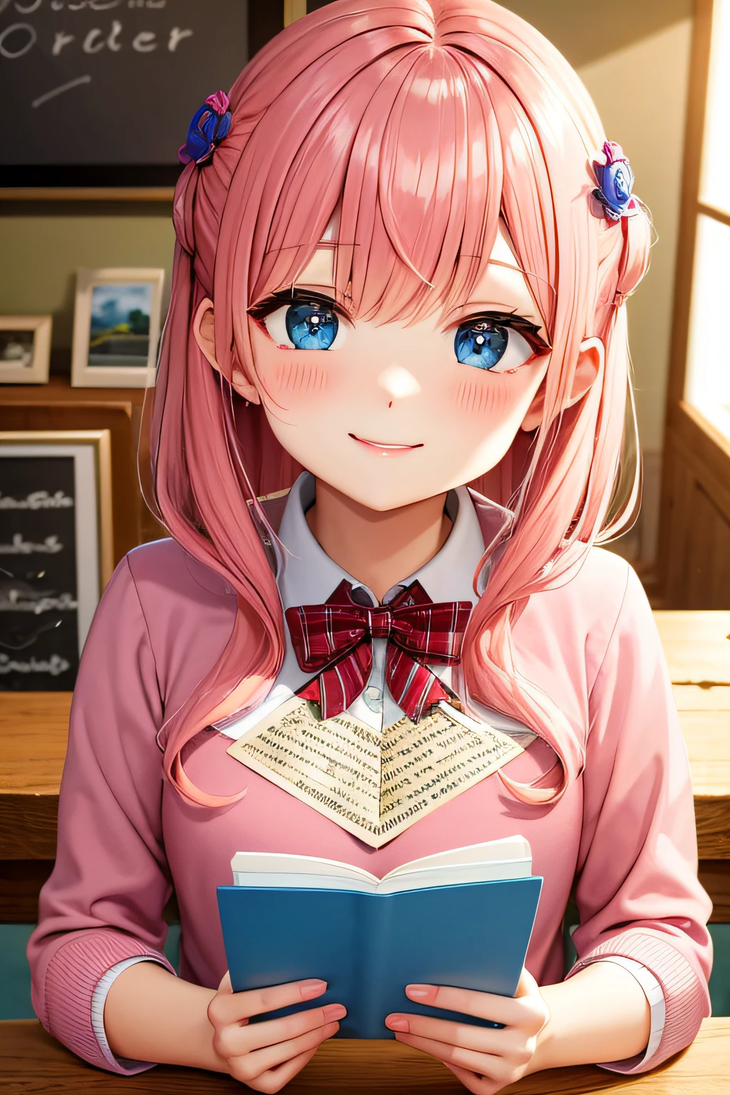 Ultra detailed, masterpiece, highest quality, love letters, pov, smile, blush, pink hair,