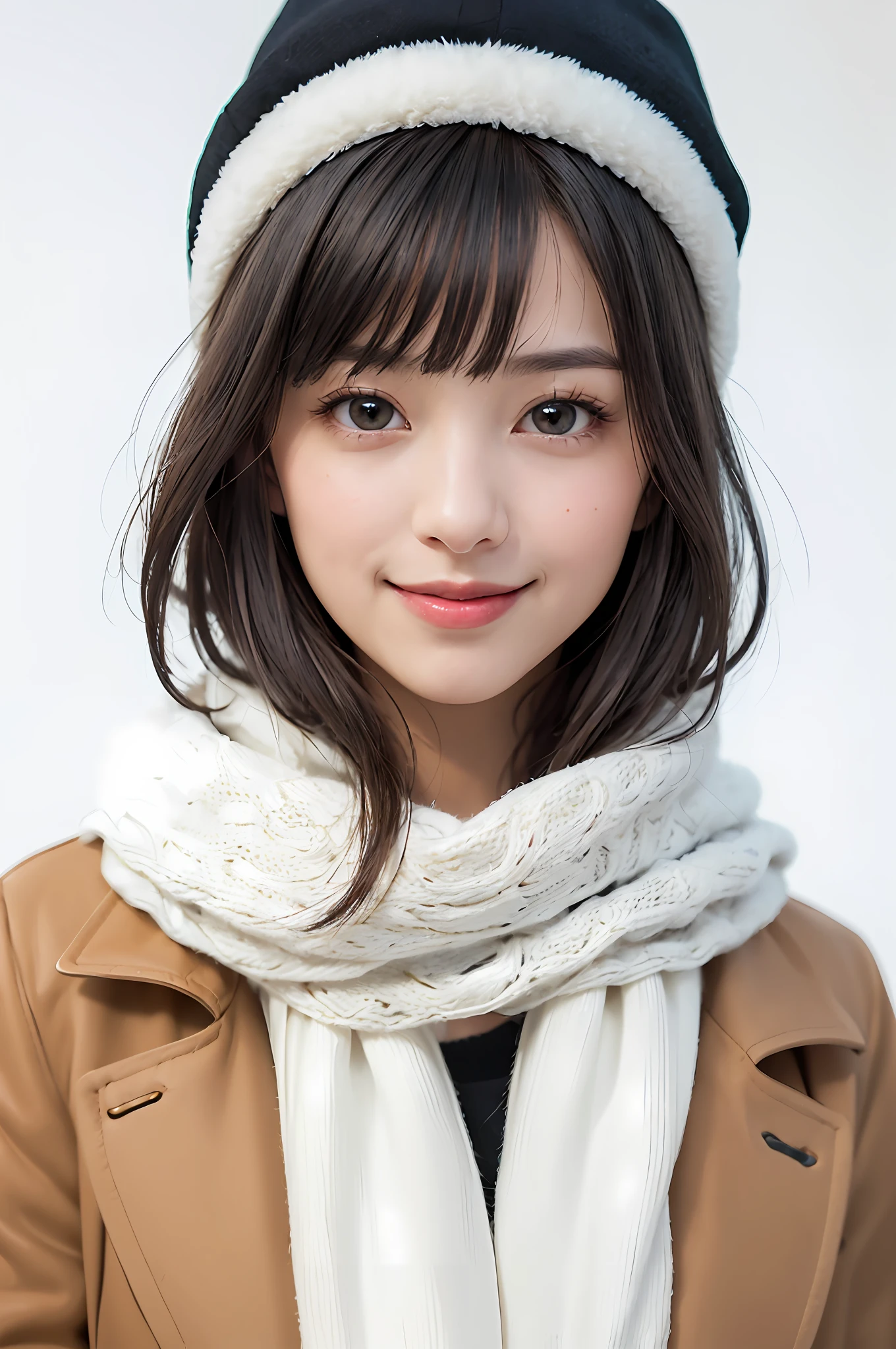 (masterpiece, best quality),1 girl, solo, black hair, scarf, hat, real, real, look at viewer, light colored black eyes, short hair, brown coat, winter clothes, white scarf, lips, bangs, outdoors, closed mouth, upper body, big eyes, eyelashes, (((really nothing background, really pure white background)), (short hair with bangs, big eyes, big breasts, staring at the viewer, beautiful beauty, Ears out, long neck, smile a little, close your mouth and smile)))