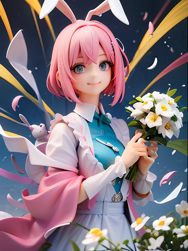 Girl, bunny girl, pink hair(blue inner collar), short hair, emerald eyes, seductive smile, rabbit ears, happiness, holding a bouquet of white flowers in both hands, upper body
