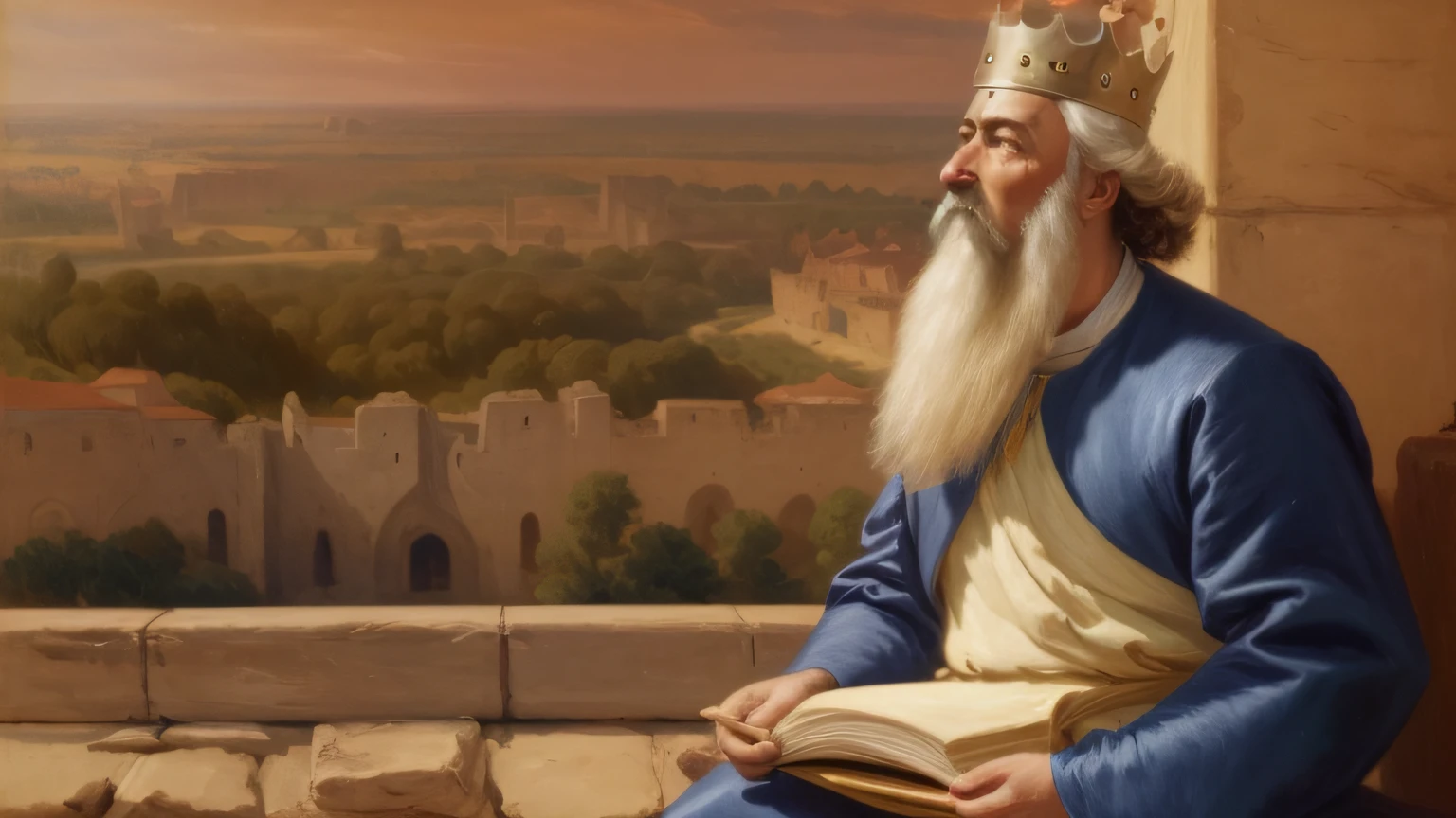 painting of a man with a crown sitting on a ledge, painting of goliath, biblical painting, crusader kings 3, by Daniel Ljunggren, age of empires, medieval old king, granting him a noble title, by Enrique Simonet, gal yosef, rob rey, by Bernard Meninsky, king's quest, michael alford, greg manchess