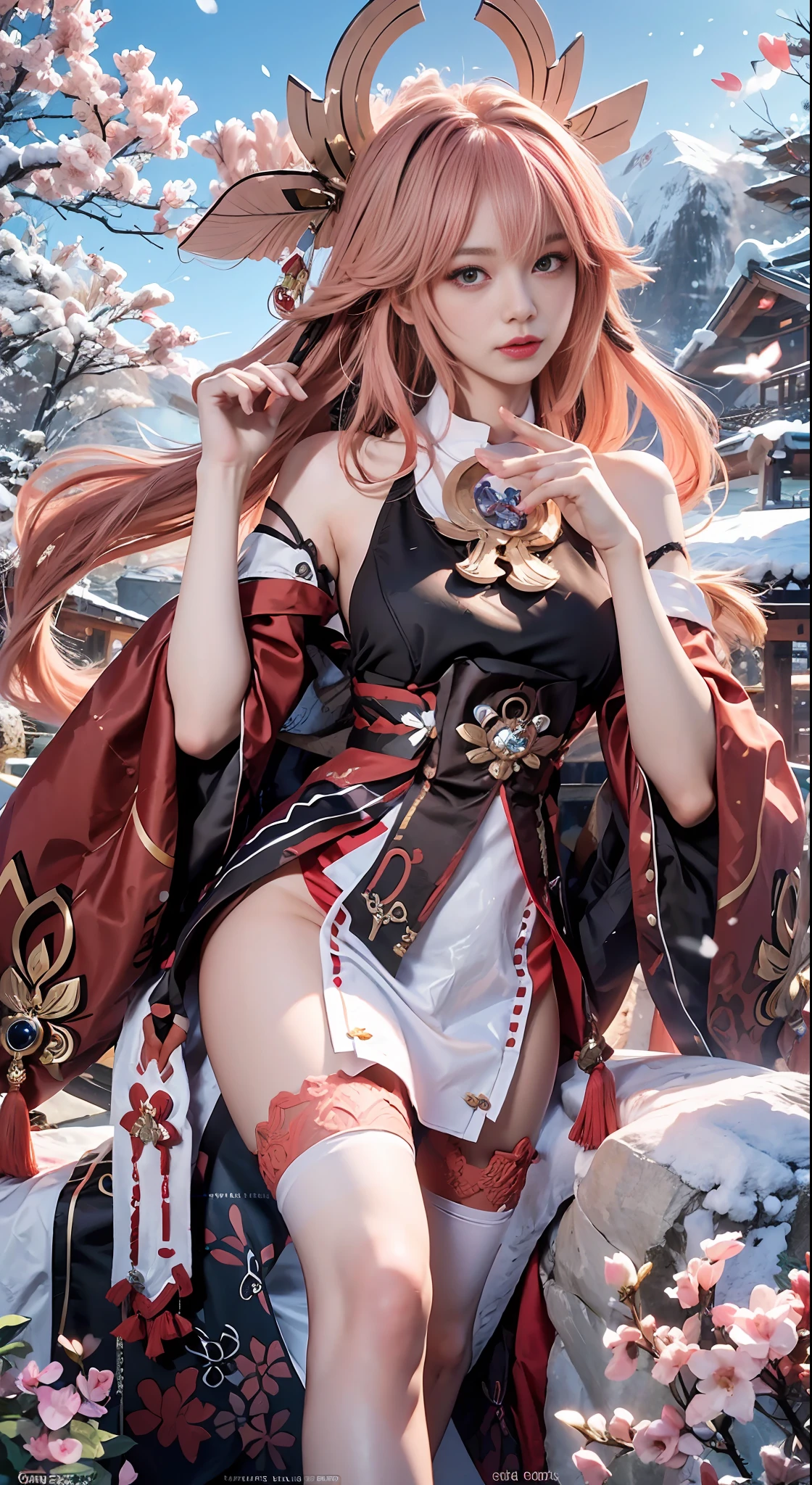 (wallpaper quality, 8K, extreme detail, extreme realism, oily, shiny rosy skin: 1.5), girl poses enchantingly in pink dress, Kokiyo from Genshin Impact, Nakari from Genshin Impact, (Barbie wears white lace stockings, exposing side breasts), from Azure Lane video game, Ki no Sakura, popular on CGSTATION, Ayaka Genshin Impact, 1girl, Feather feidie_helmet, Masterpiece, 8k, Best quality, Long straight black hair, red furry cape, cape, birds in the sky, butterflies in front (full body 2.0) snowy mountains behind, the sky is blue, holding flowers, (realistic, realistic, sexy slim model body),