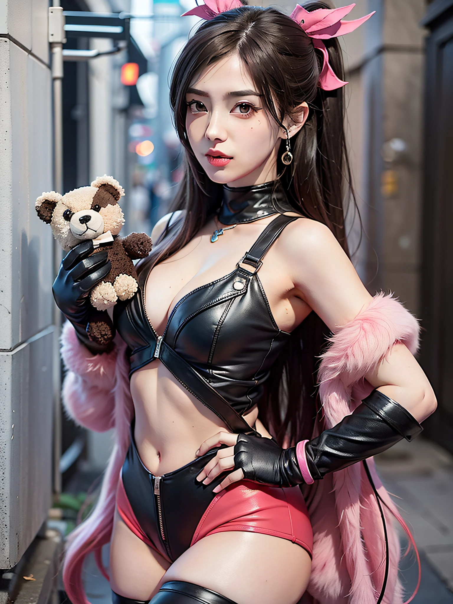 araffe girl in pink and black outfit holding a teddy bear, as overwatch character, akali from league of legends, jinx from league of legends, as an overwatch character, juri han from street fighter, anime girl cosplay, jinx from arcane, irelia from league of legends, tifa, seductive tifa lockhart portrait, portrait of tifa lockhart