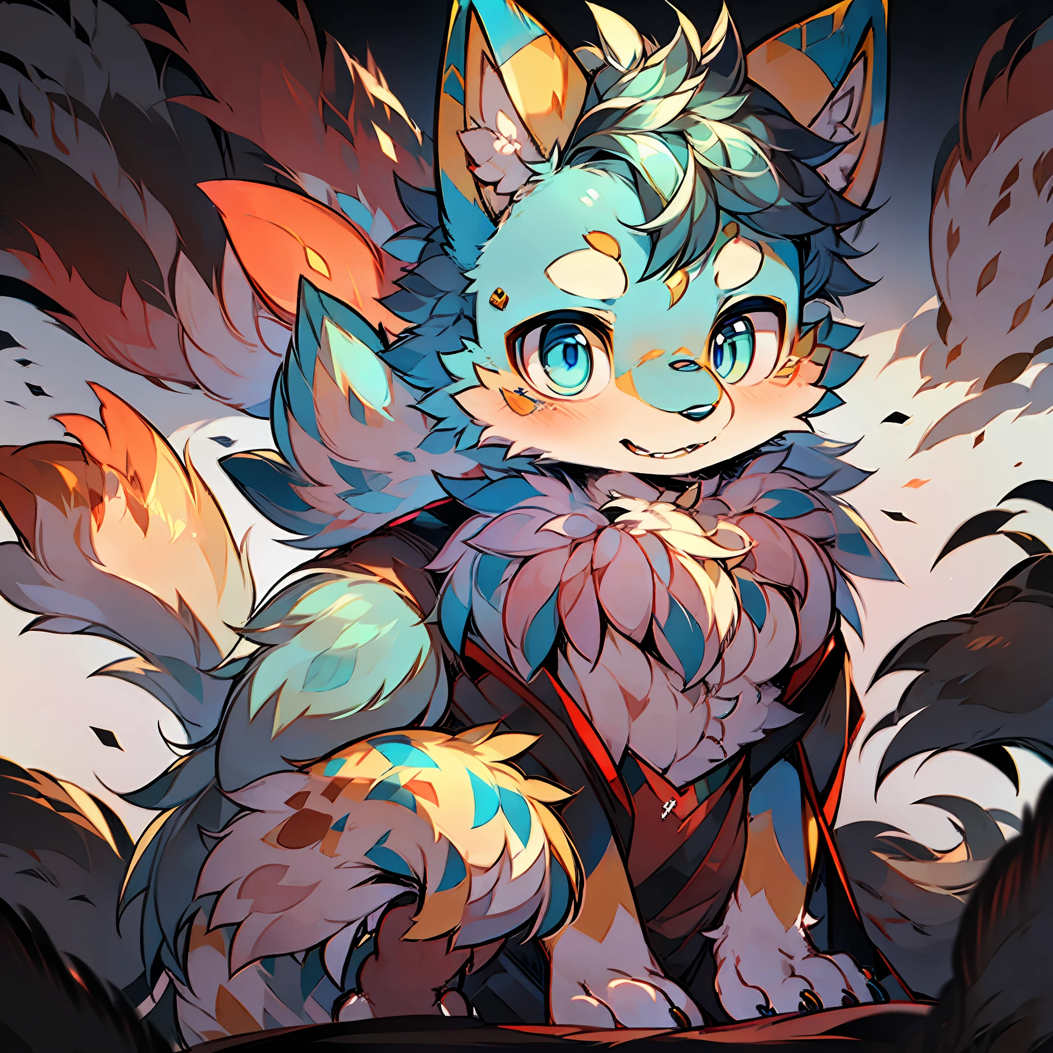 Furry male yellow with apple marks on the forehead, blue pupils, yellow ears, pink inside, red cheeks, blue tail, yellow tip of the tail Little wolf