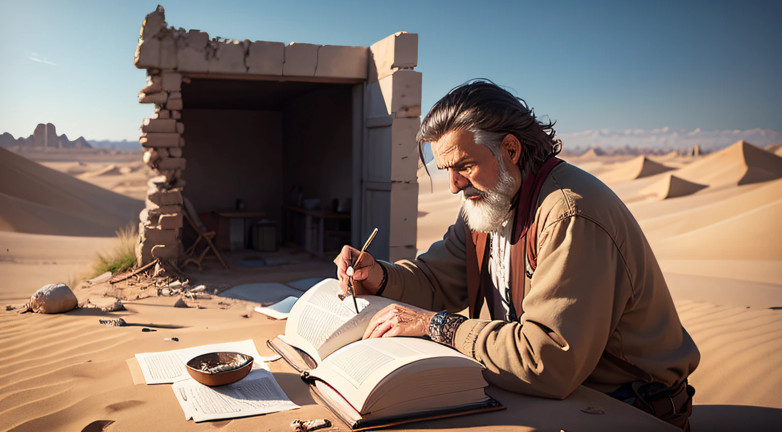 a middle-aged prophet writing a book in a ruin in the middle of the desert, in front view, he is writing with a feather, he does not wear glasses, bible period scenario, ultra HD, maximum quality, 8k, mega detailed --auto