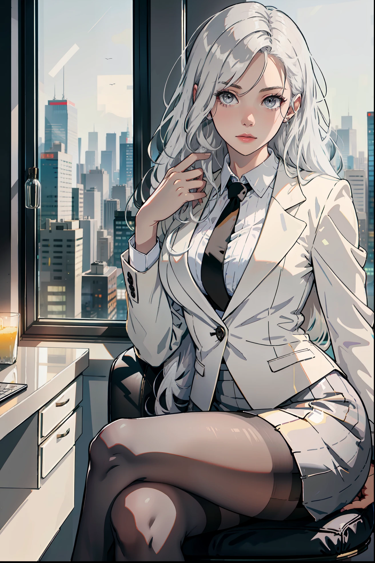Woman wearing business outfit, formal blazer, white blouse, black high waist business skirt, black sheer pantyhose, beautiful, masterpiece, best quality, extremely detailed face, perfect lighting, nice hands, perfect hands, (white hair:1.2), long hair, (grey eyes:1.2), slender build, long legs, thin, medium breasts, business woman, ceo, sitting in luxurious black leather office chair, giant modern window with view of nighttime city skyline in background