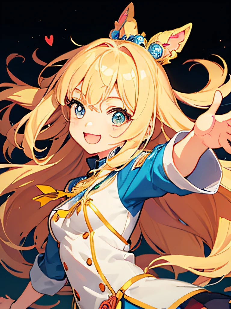 Create an illustration of a cheerful and cute cartoon-style girl. It has a bright smile and gives the impression of being active and energetic. Her distinctive features include brightly colored long hair, big eyes and a bright expression. The background should be colorful. She is depicted happily doing something and should be sure to give a positive sense of energy.