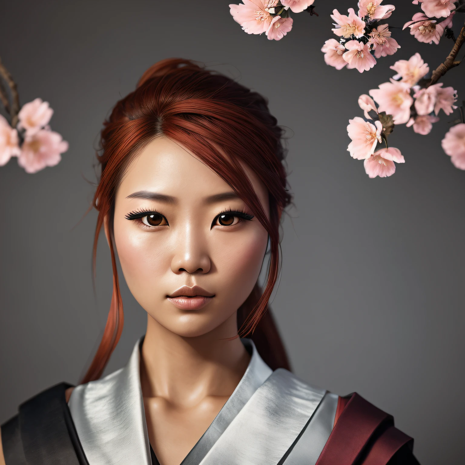 A 32 year old Asian woman with red hair and tattoos, her perfect, perfect face, perfect body, perfect bust and unique eyes accentuated by a torn shirt and satin skirt, gracefully holding a samurai sword in a hyper realistic and majestic photograph. Floating, gray scaled smokey ghost demon dragon in background, with old cherry blossoms in background with black caves and black holesultra realistic photography, perfectly centered medium upper shot of Aloy from horizon zero dawn, creatures from horizon zero dawn jungle cliffs in the background, looking at viewer, fashion pose, extremely detailed eyes, detailed symmetric realistic face, extremely detailed natural texture, detailed peach fuzz, messy hair, masterpiece, absurdres, award winning photo by lee jeffries, nikon d850 film stock photograph, kodak portra 400 camera f1.6 lens, depth of field, extremely detailed, amazing, fine detail, rich colors, hyper realistic lifelike texture, dramatic lighting, unrealengine, trending on artstation, --auto