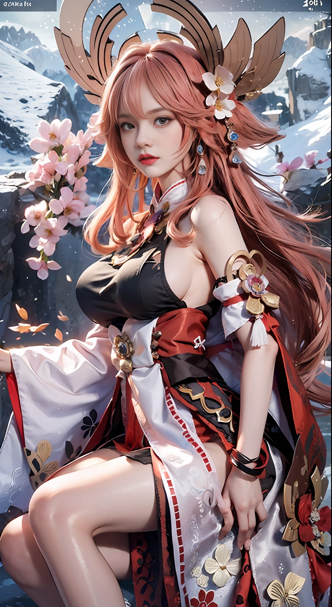 (wallpaper quality, 8K, extreme detail, extreme realism, oil shine), girl in pink dress posing enchantingly, Keqing from Genshin Impact, Nakari from Genshin Impact, (Barbie wearing white lace stockings, revealing huge breasts on both sides), from Azure Lane video game, Ki no Sakura, popular on CGSTATION, Ayaka Genshin Impact, 1girl, Feather feidie_helmet, White furry coat, Masterpiece, 8k, Best quality, Long straight black hair, red furry cape, cape, birds in the sky, butterflies in front (full body 2.0) snowy mountains behind, the sky is blue, holding flowers, (realistic, realistic, sexy slim model body),