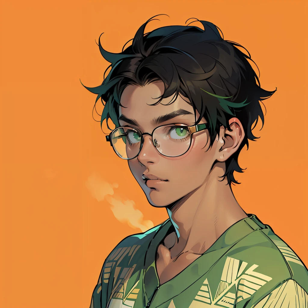 ((masterpiece)), ((best quality)), ((simple artwork)), ((antique effect)), ((anime profile style)), 18 year old boy, ((orange skin tone)), ( (light green eyes)), ((perfect)), ((glasses)), eyebrow, nose, ear, mouth, ((short black hair messed up)), neck, shoulders, arms, ((patterned sweatshirt)), ((random background bottle colors))