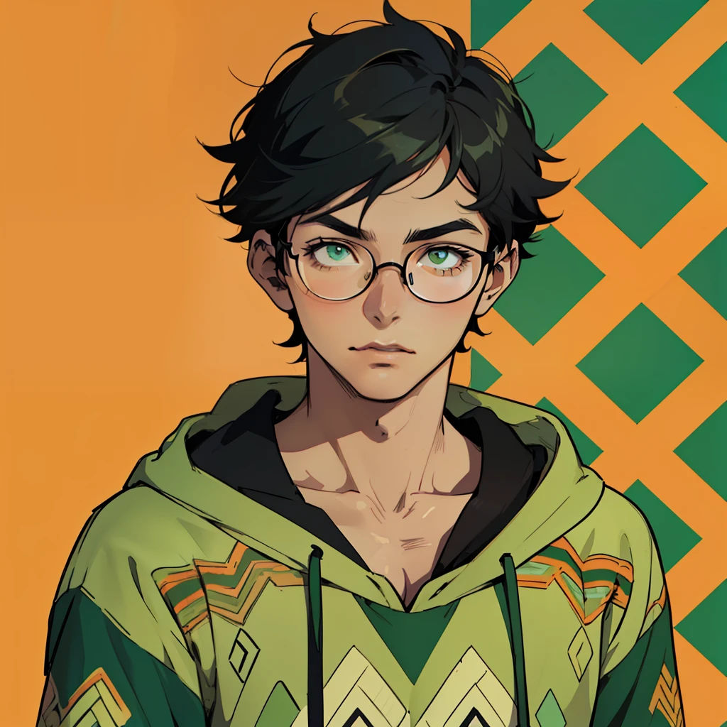 ((masterpiece)), ((best quality)), ((simple artwork)), ((antique effect)), ((anime profile style)), 18 year old boy, ((orange skin tone)), ( (light green eyes)), ((perfect)), ((glasses)), eyebrow, nose, ear, mouth, ((short black hair messed up)), neck, shoulders, arms, ((patterned sweatshirt)), ((random background bottle colors))