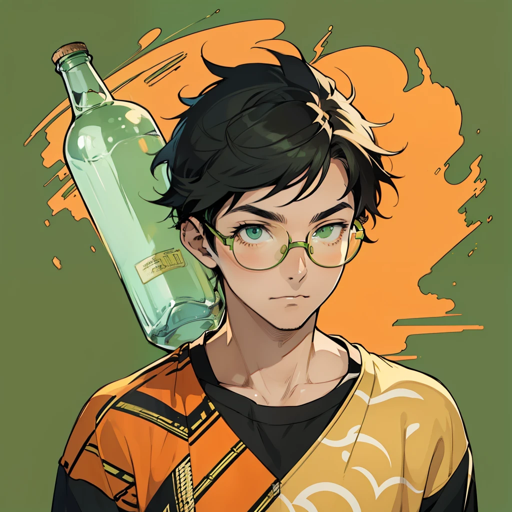 ((masterpiece)), ((best quality)), ((simple artwork)), ((antique effect)), ((anime profile style)), 18 year old boy, ((orange skin tone)), ( (light green eyes)), ((perfect)), ((glasses)), eyebrow, nose, ear, mouth, ((short black hair messed up)), neck, shoulders, arms, ((patterned sweatshirt)), ((random background bottle colors))