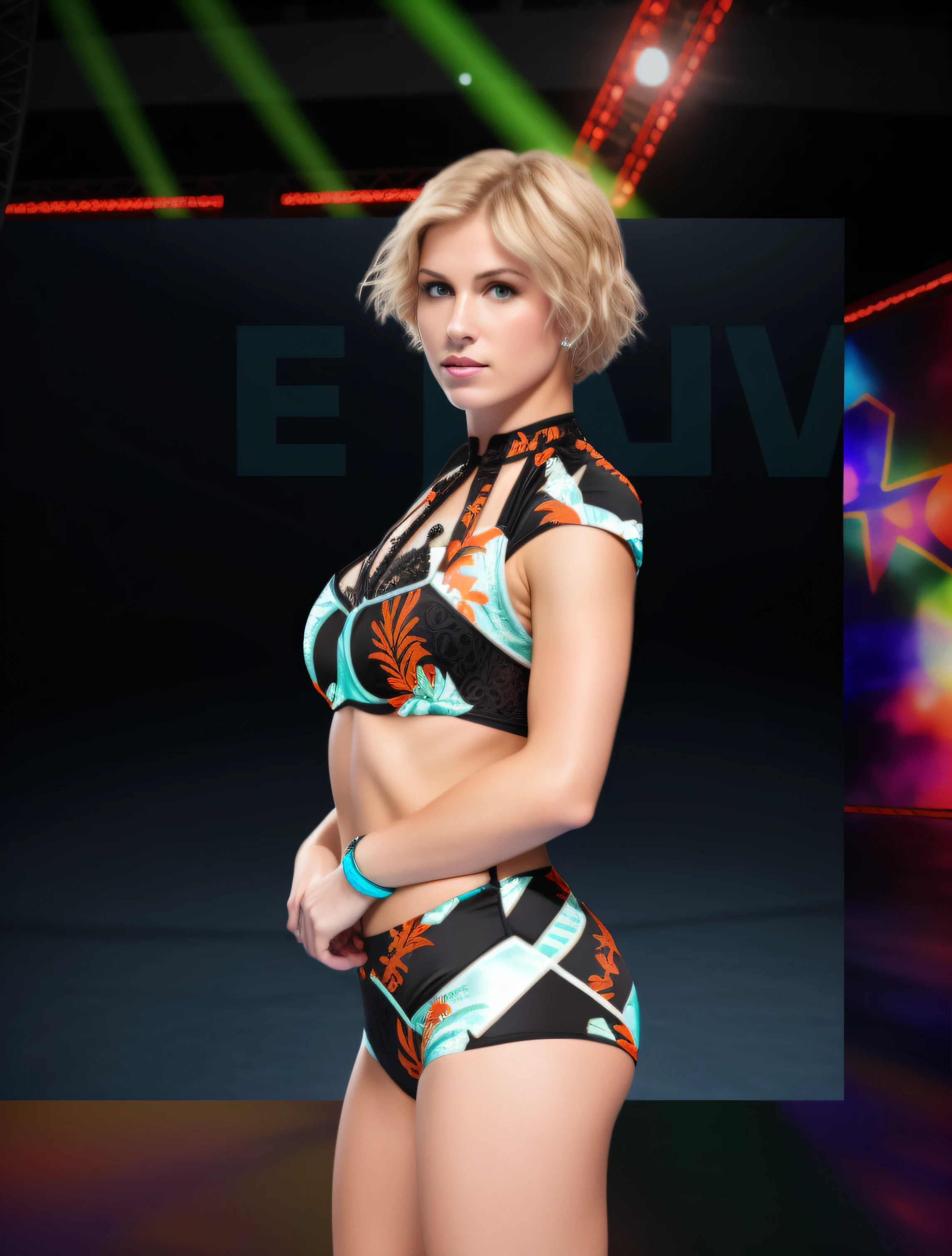 Blonde short haired Caucasian female wrestler, in black teal and orange elaborate bra, black teal and orange trunks, teal wristbands, photo realistic, intricate details