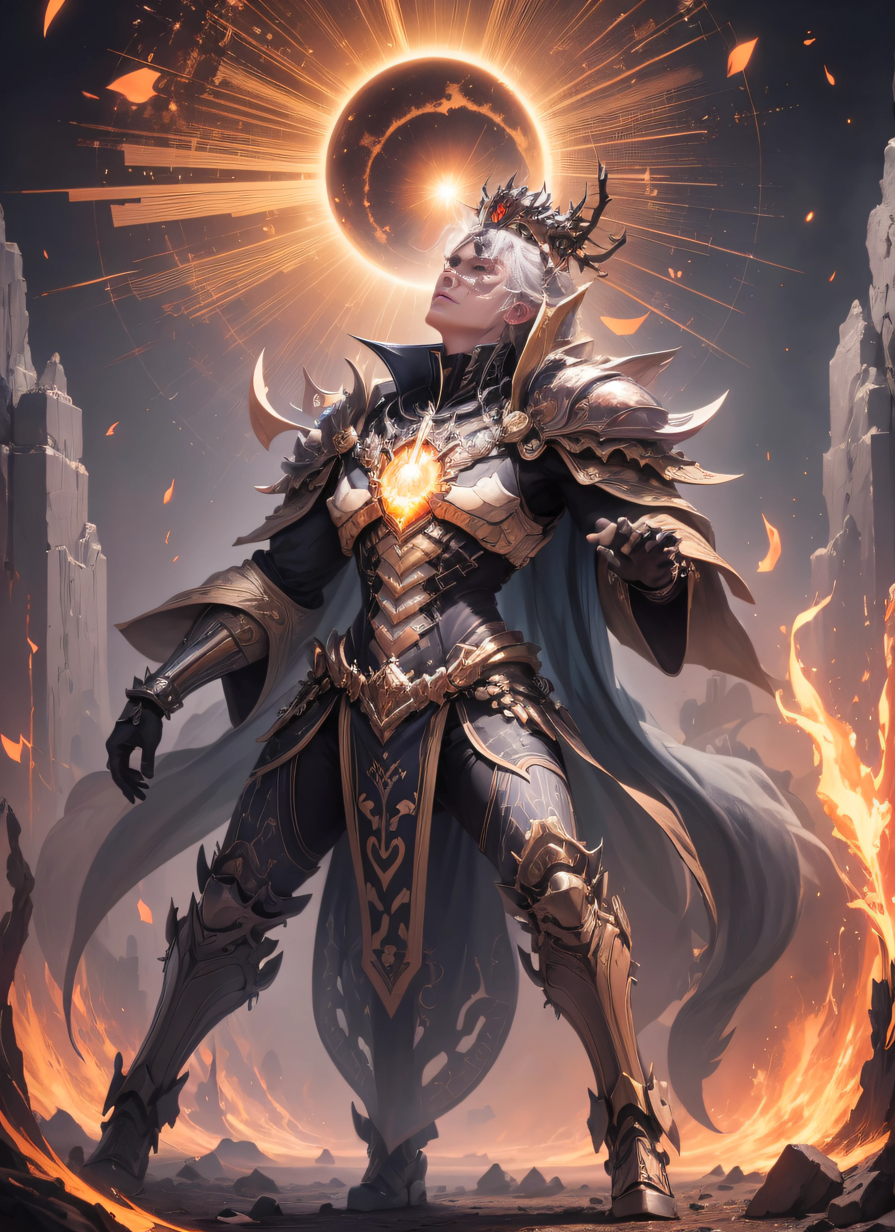 1 demon, emperor of darkness, detailed eyes, detailed face, detailed skin, mature body, tall body, seductive body, desert BREAK and pyramid bottoms, holding only a holy sun scepter, phoenix dragon in the sky, highly saturating sun rays, holy ceremony, angelic halo, dazzling golden and orange spark around, sacred magic circle, golden crown, golden majical lightning, best quality, masterpiece, trend in art station, BREAK, detailed, realistic, highly detailed digital art 8k, octane rendering, bioluminescent, concept art resolution BREAK 8K, realism, by studios Mappa, masterpiece, best quality, official art, illustration, ligne claire, (cool_color), perfect composition, absurd, fantasy, focused, full body in attack pose, night sky with clouds, full moon, 8k,